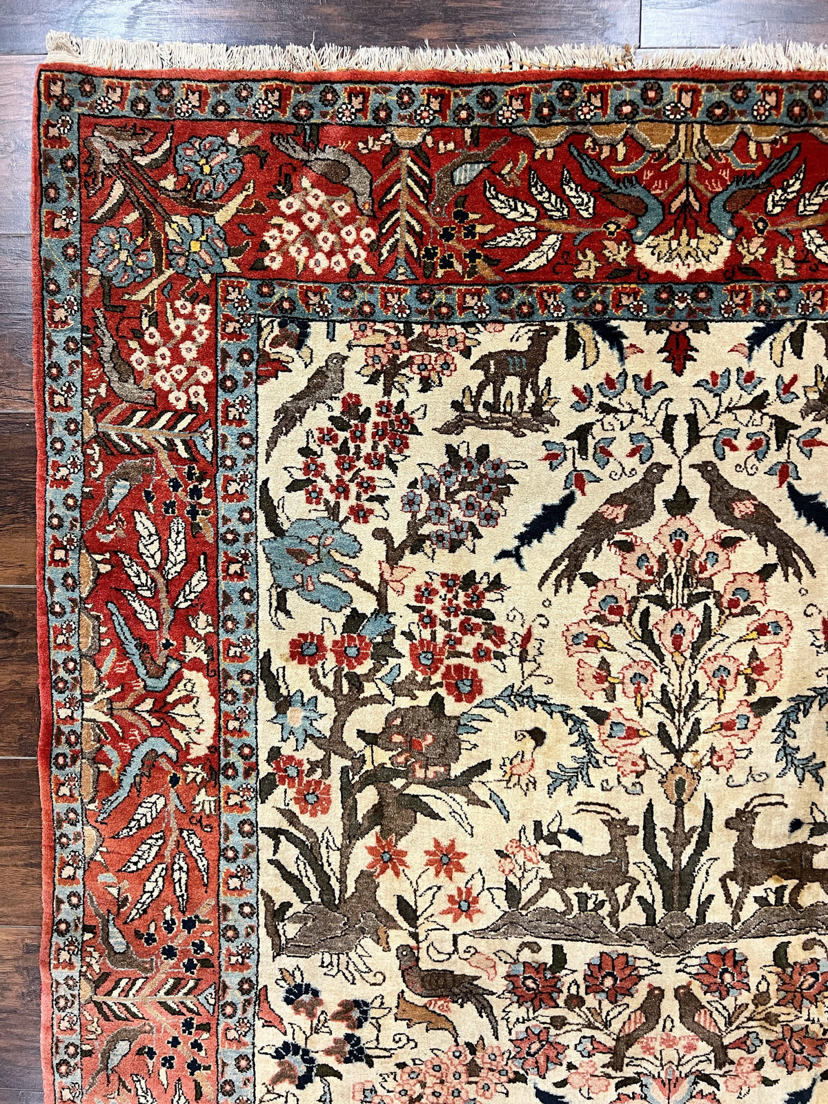 Persian Tree of Life 5x7, Qum Rug, Animal Motifs, Deer Birds, Fine 225 KPSI, Semi Antique Wool Rug, Cream Red - Jewel Rugs, view 6