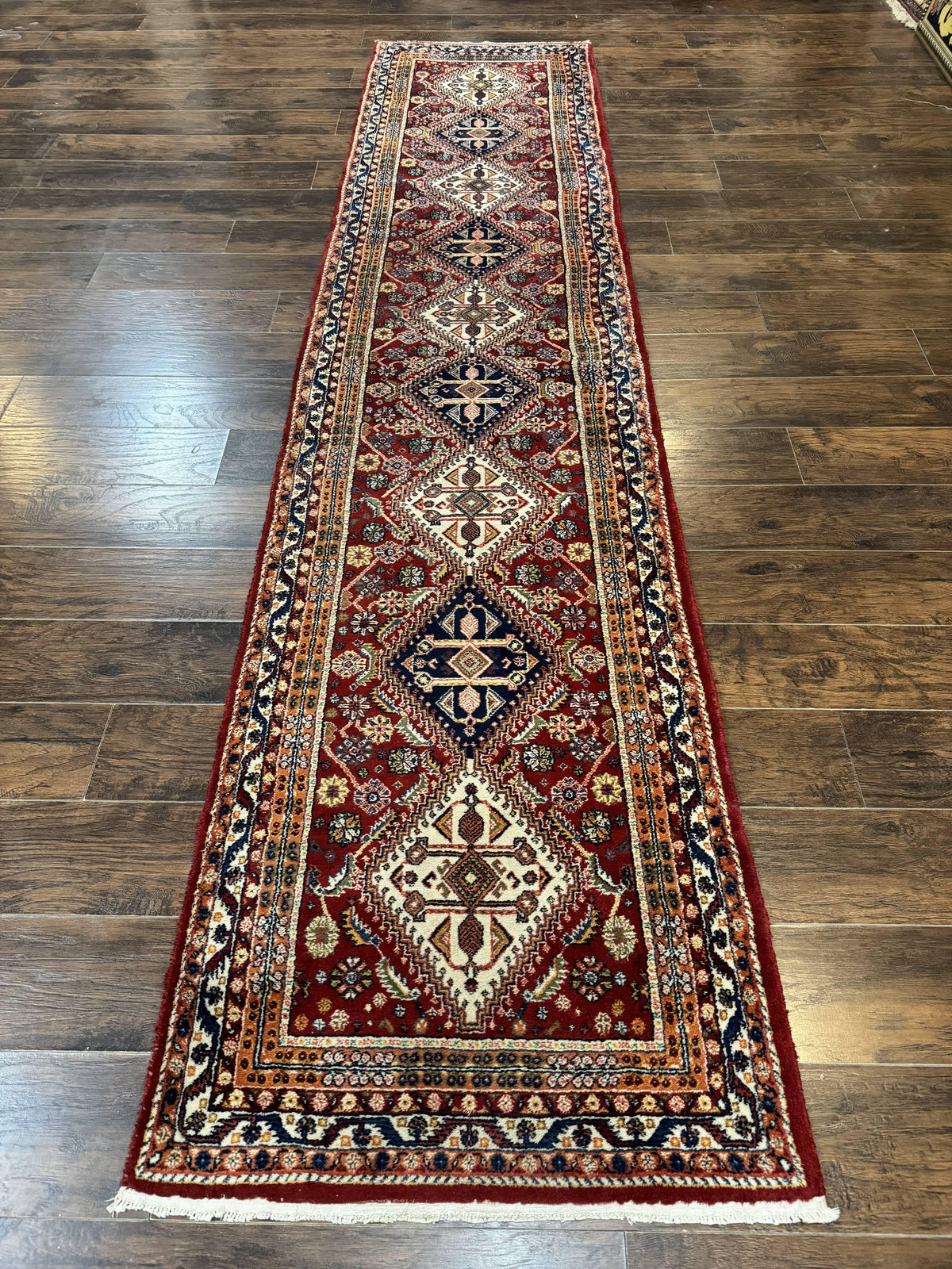 Antique Persian Qashqai Runner Rug 3 x 13 ft, Tribal Runner, Geometric Medallions, Red Ivory Blue, Wool - Jewel Rugs