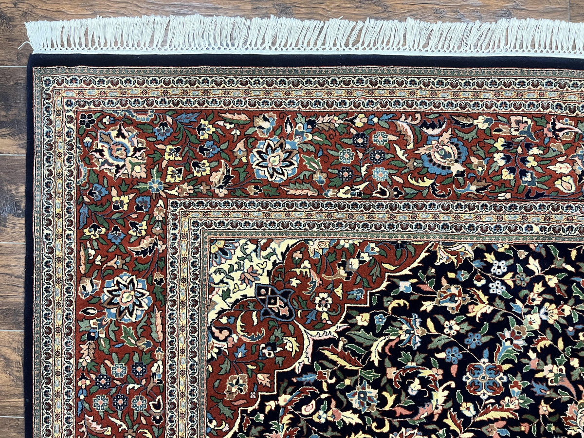 Indo Persian Rug 8x10, Floral Medallion, Vintage Handmade Wool Carpet, Navy Blue and Red, Fine 300 KPSI - Jewel Rugs, view 7