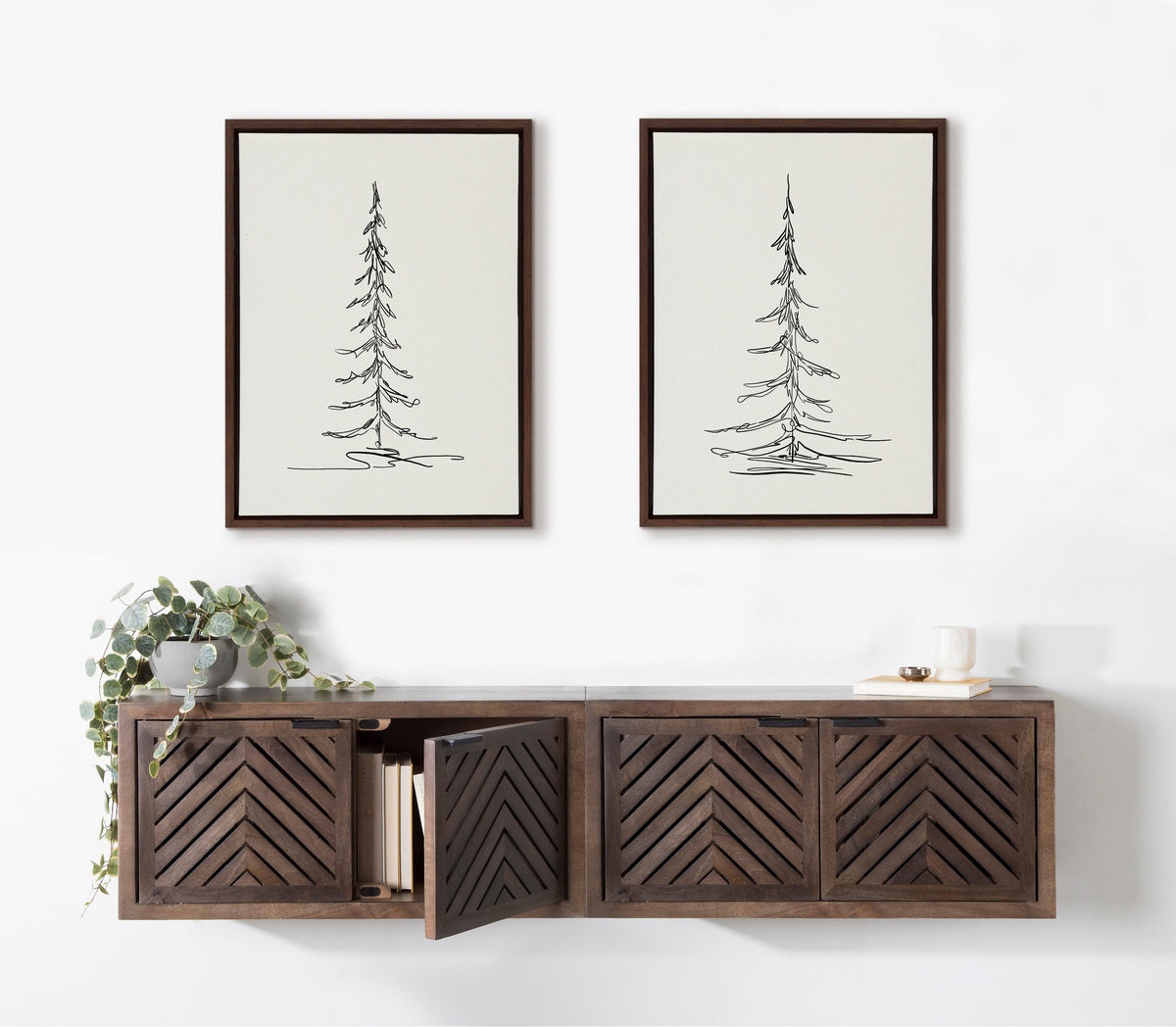 Sylvie Minimalist Evergreen Trees Sketch Framed Canvas Art Set by The Creative Bunch Studio