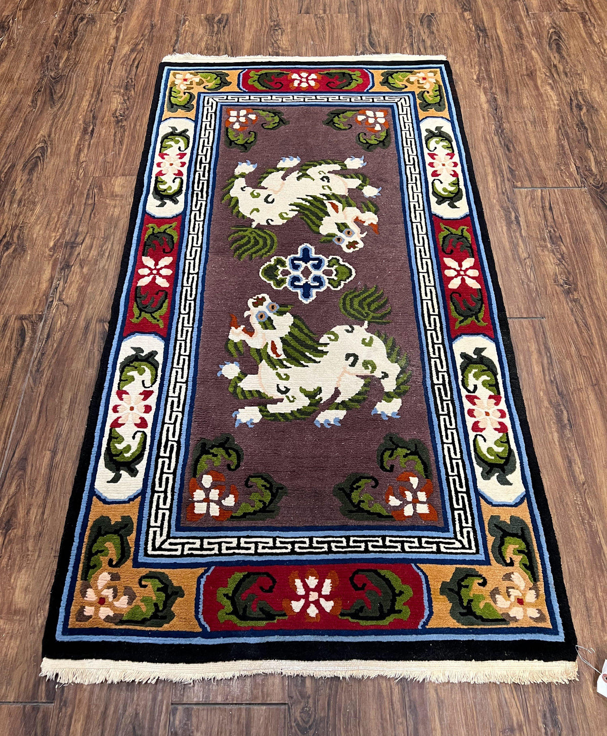 Chinese Art Deco Rug 3 x 5.5 with Animal Pictorials, Vintage Chinese Peking Wool Area Rug, Dark Puce Maroon Ivory, Hand Knotted Soft Carpet - Jewel Rugs, view 2