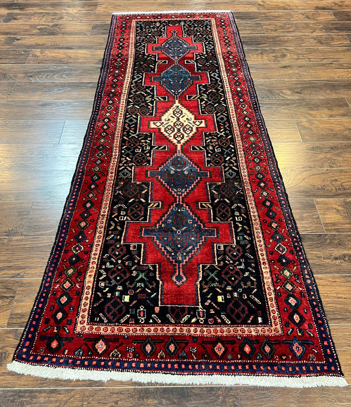 Persian Kurdish Senneh Runner Rug 3x9, Red Navy Blue, Medallions Wool Tribal Runner for Kitchen/Hallway 9ft Antique Handmade Oriental Runner - Jewel Rugs, view 2