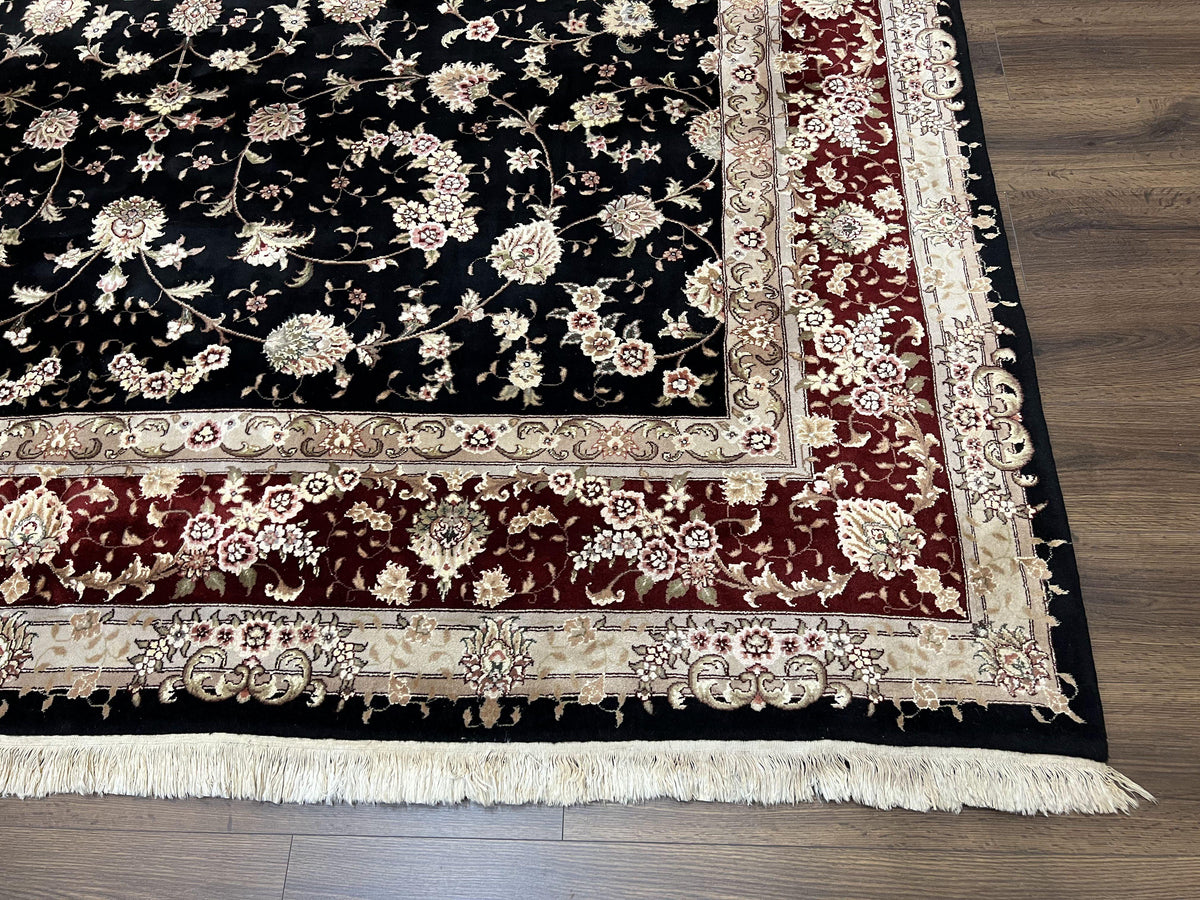 Sino Persian Rug 9x12, High Quality Oriental Carpet, Black and Maroon, Wool and Silk, Allover Floral Pattern, Hand Knotted, Vintage Rug Nice - Jewel Rugs, view 9