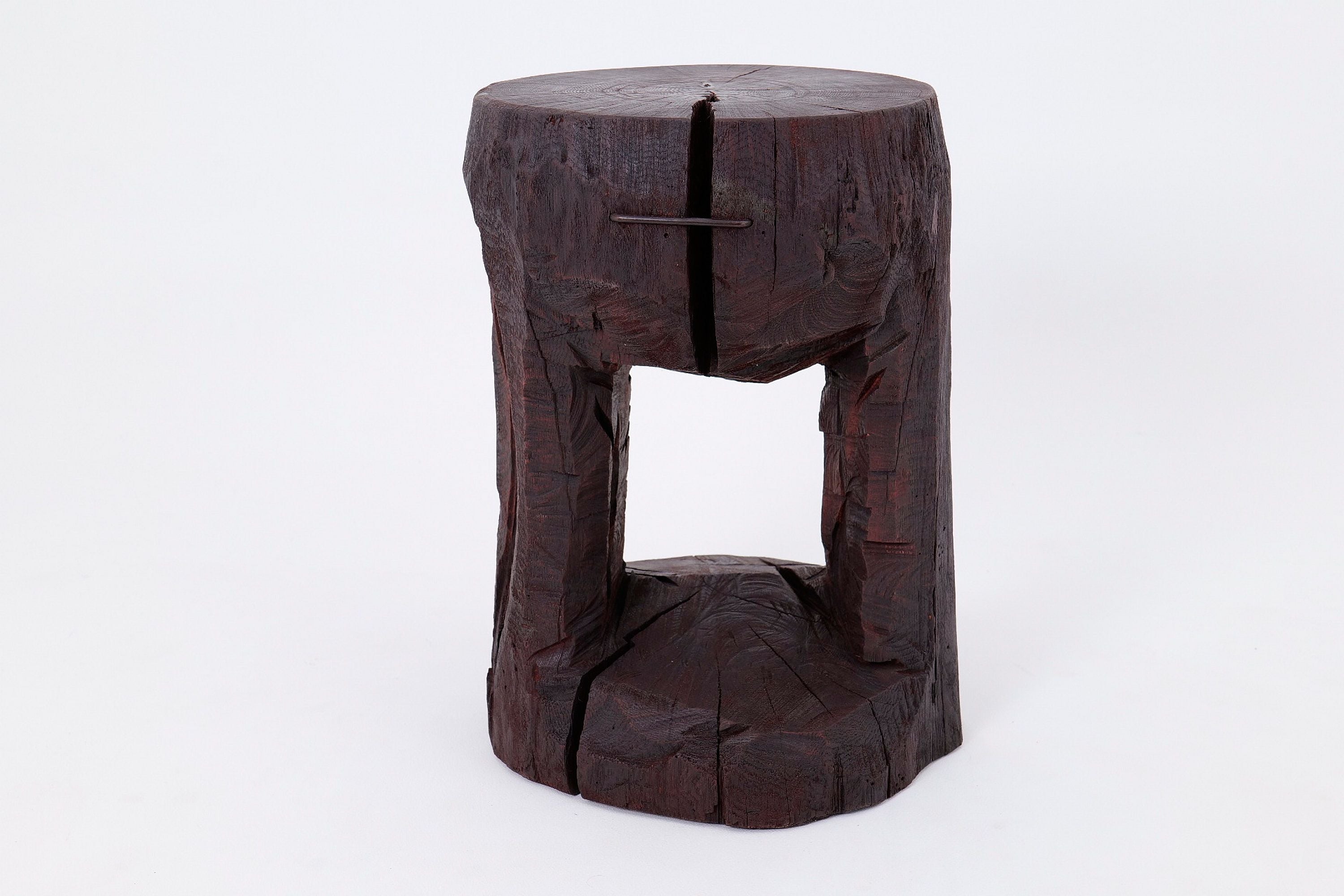 Sculptural Hardwood Side Table, Coffee Table, Red Stain, Hand-Carved,