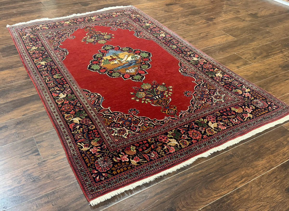 Red Persian Kashan Rug 4x6, Very Fine 260 KPSI, Red and Navy Blue Persian Carpet, Semi Open Field - Jewel Rugs, view 13
