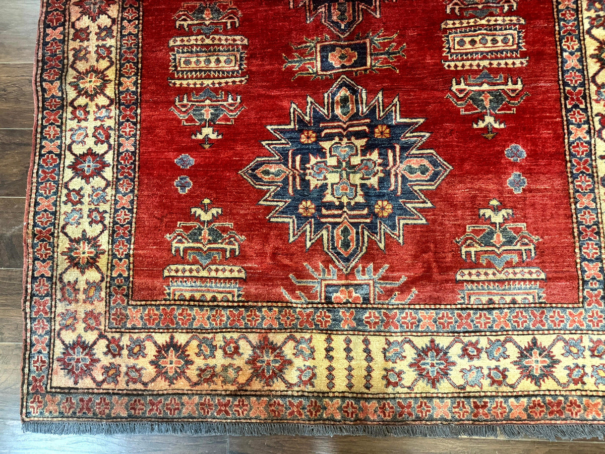 Square Turkish Rug 6x6, Azerbaijani Azeri Turkish Armenian Rug, Red Tan Blue, Geometric, Wool Carpet - Jewel Rugs, view 9
