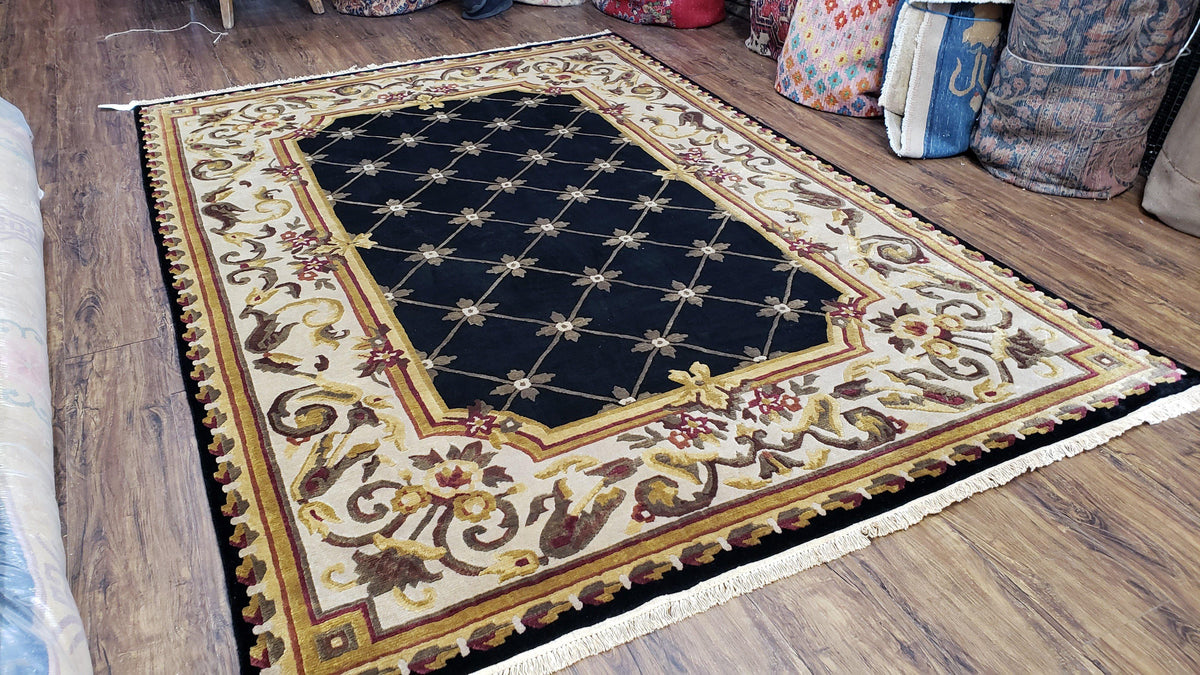 Nepal Rug 6x9, New Aubusson Nepalese Tibetan Carpet 6'1" x 8' 8", Hand-Knotted Wool, Unused, Black & Cream, Savonnerie Pattern, Soft Pile - Jewel Rugs, view 3