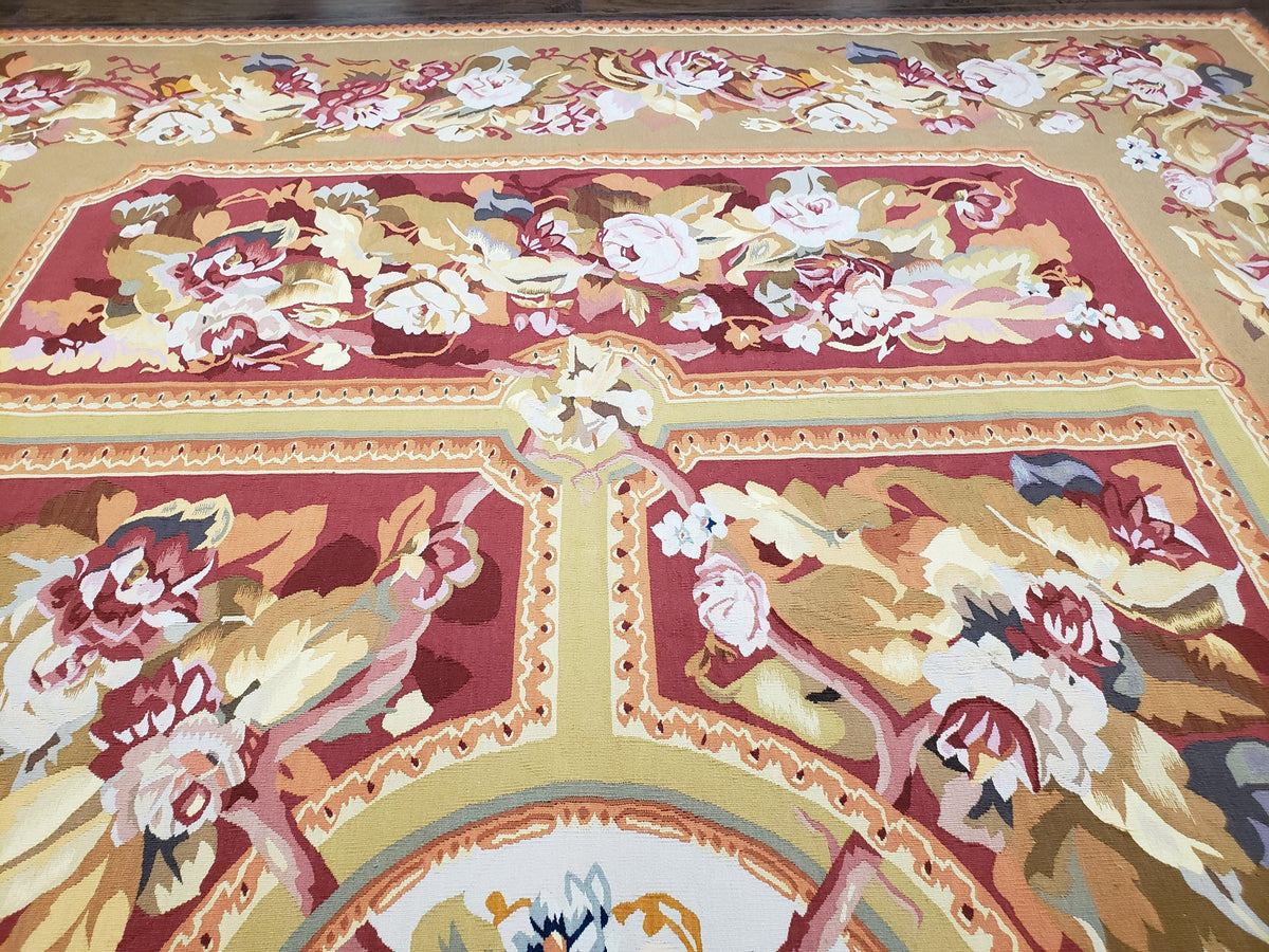 Vintage Chinese Aubusson Savonnerie Flat Pile Rug 9.9 x 14.5 Wool Handwoven Red & Khaki Large Flowers Rug 9x14 - 10x15 Michaelian Kolhberg - Jewel Rugs, view 4