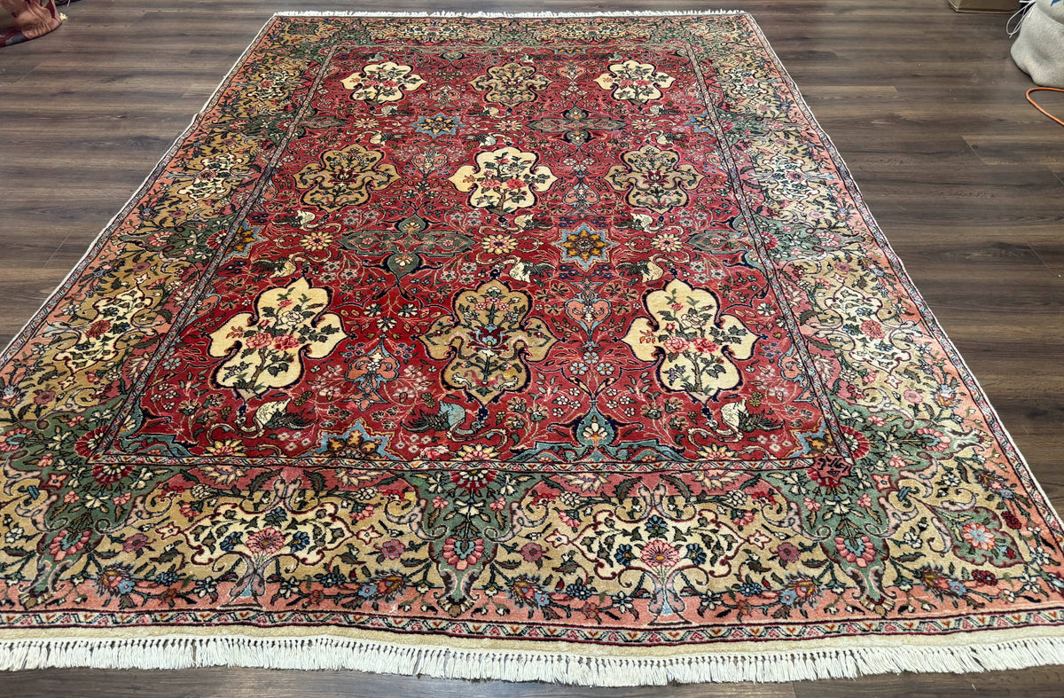 Antique Tabriz Persian Rug 7x10, Red Cream Tan, Unique Design, Fine 270 KPSI, Birds, Floral - Jewel Rugs
