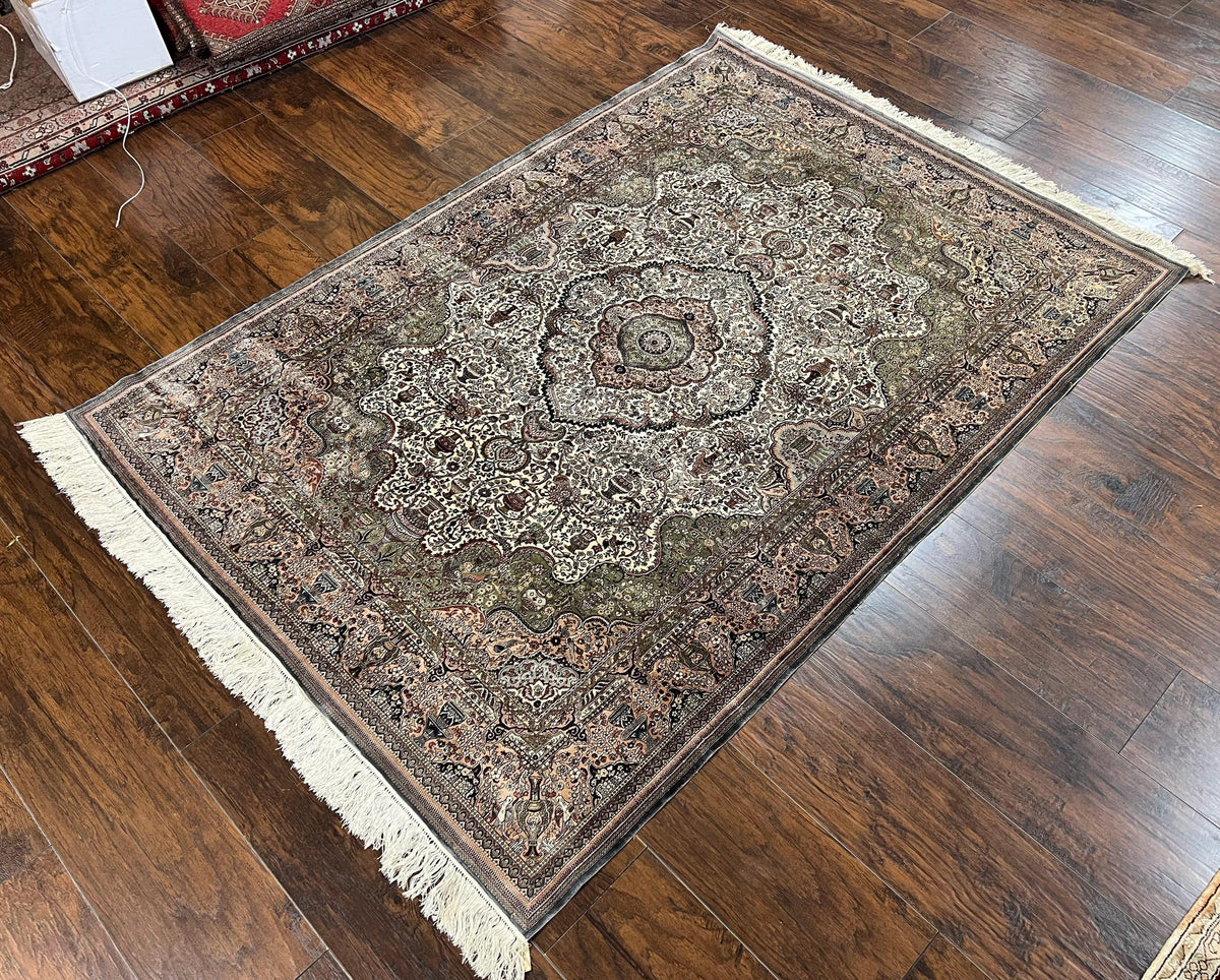 Very Fine Sino Persian Silk Rug 4x6, Floral Medallion, Hand Knotted, Silk Pile on Silk Foundation, Ivory, Vintage Handmade Oriental Carpet - Jewel Rugs, view 2