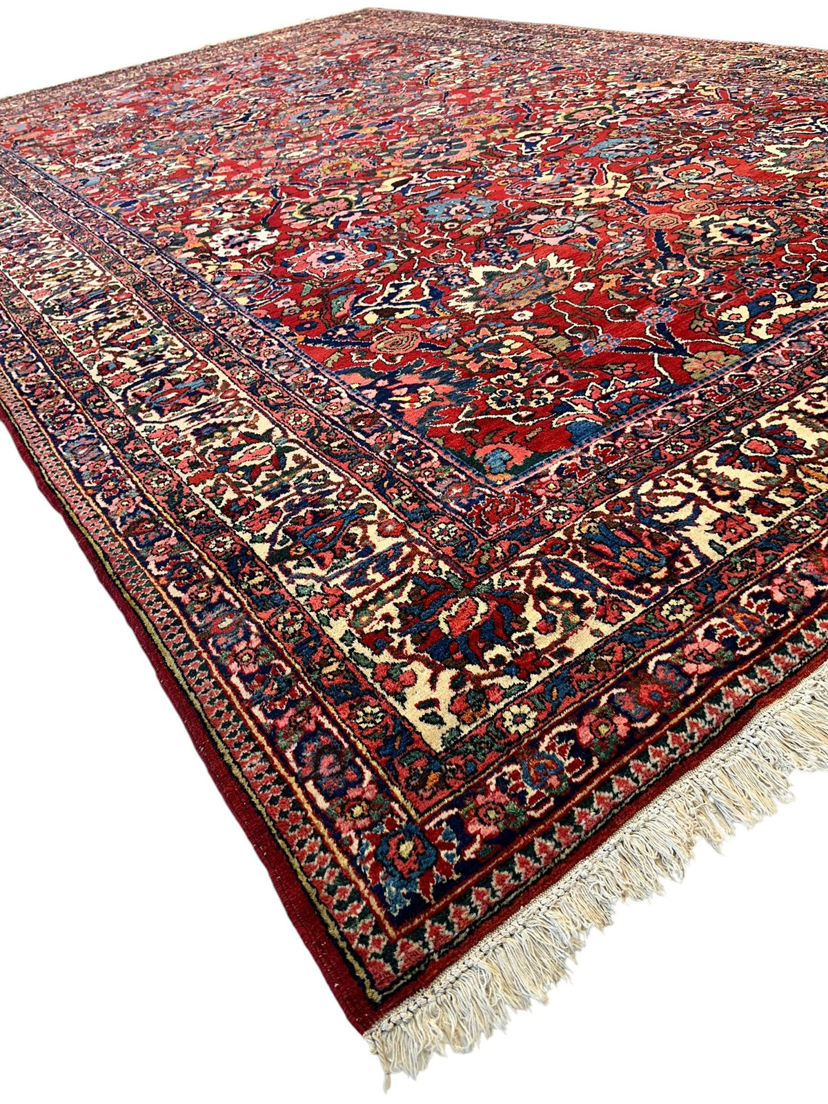 Antique Persian Bakhtiari Rug 9x13 | Red, Navy & Ivory | Hand-Knotted Wool - Rugistan, view 7