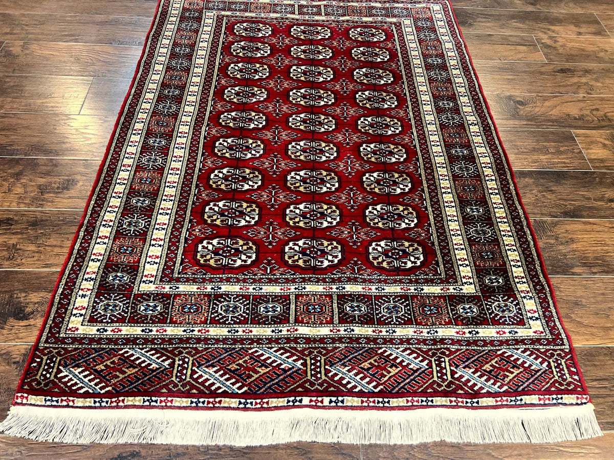 Pakistani Bokhara Rug 4x6, Red Turkoman Carpet, Finely Hand Knotted, Wool Vintage Rug - Jewel Rugs, view 13