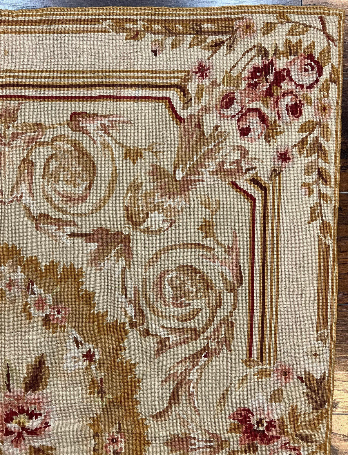 Aubusson Needlepoint Rug 4x5 ft, Beige and Tan, Aubusson Savonnerie Vintage Carpet, Handwoven Handmade Wool Rug, European Design Floral Rose - Jewel Rugs, view 8