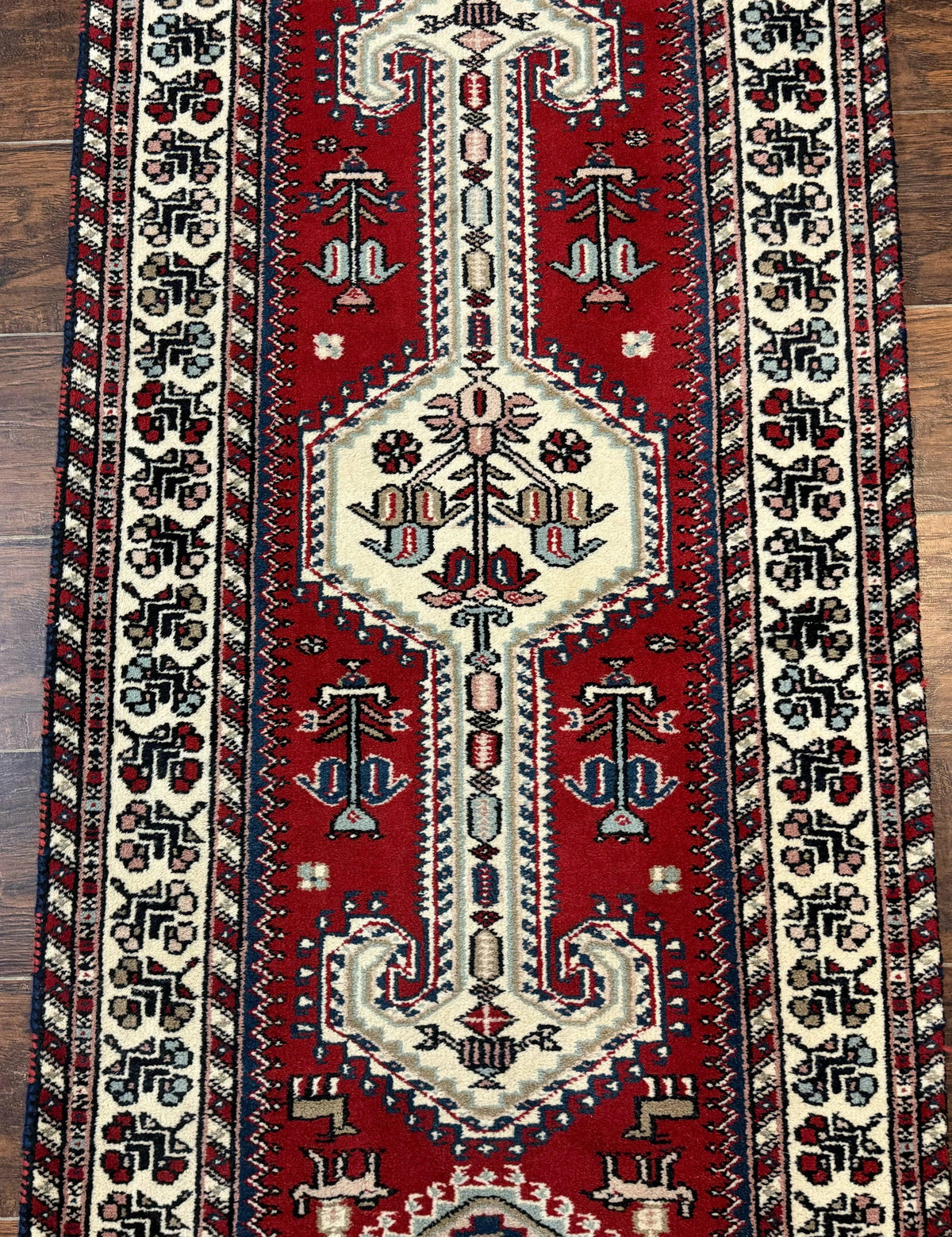 Indo Persian Runner Rug 2.6 x 12, Heriz Geometric Caucasian Design, Animal Pictorials, Tribal Runner Rug, Vintage Handmade Wool Red - Jewel Rugs, view 4