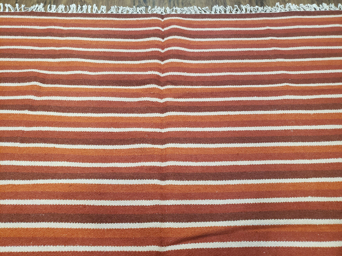 Large Striped Woolen Handmade Throw Blanket, Twin Size Bedding Hand-Woven, Indian Kilim Area Rug, 6x8 - 7x8, South American Style Textile - Jewel Rugs, view 4