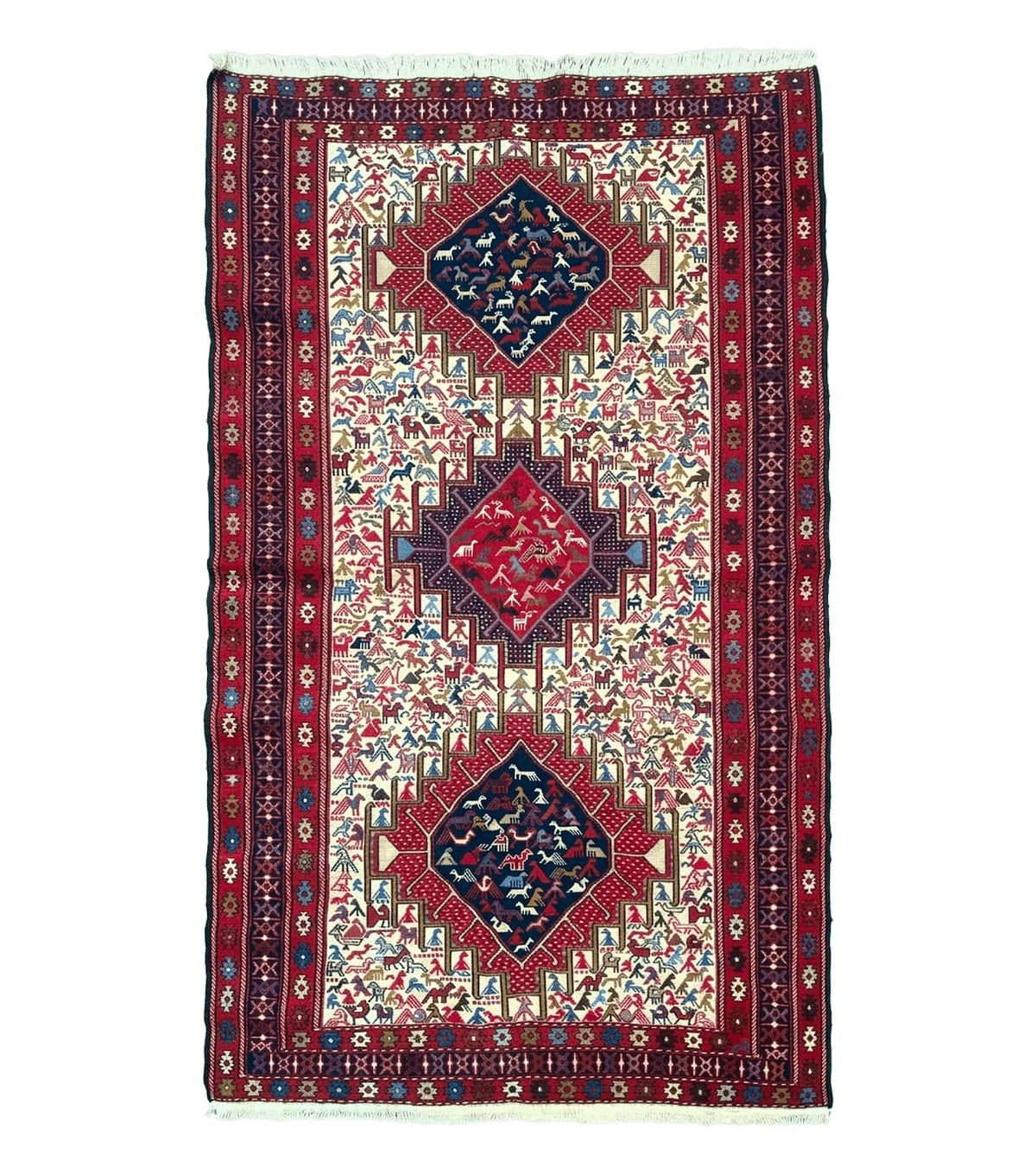 Persian Soumak Kilim Rug 4x6, Triple Medallions Tribal Pictorials, Caucasian Azerbaijani Kilim - Jewel Rugs