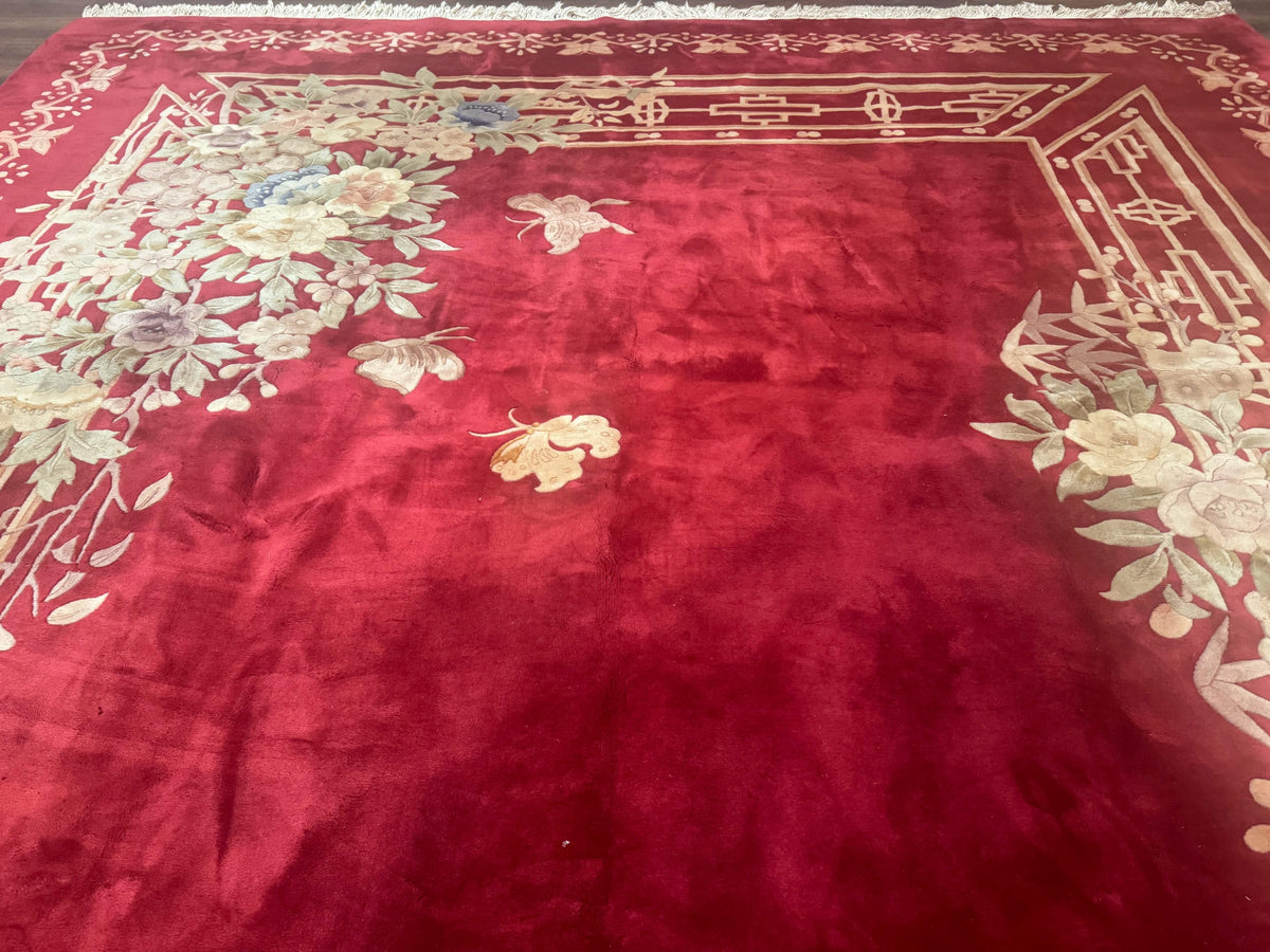 Palace Size Chinese Wool Rug 12x18, Red Art Deco Chinese Carving Carpet, Butterflies Flowers - Jewel Rugs, view 5