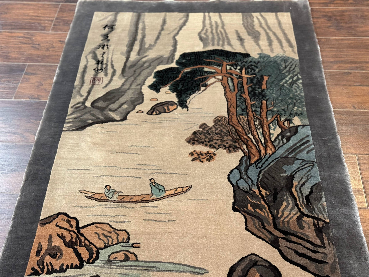 Chinese Silk Wall Hanging 3x5, Handmade, River and Boat Scene, Rug Tapestry - Jewel Rugs, view 7