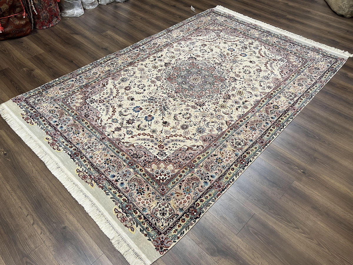 Beautiful Pak Persian Rug 6x9, Floral Medallion, Wool and Silk, Highly Detailed Elegant Carpet, Vintage Oriental Rug 6 x 9, Cream and Gray - Jewel Rugs, view 2