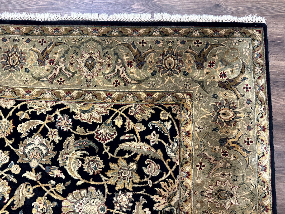 Indo Persian Rug 8x10, Black and Green, Wool, Handmade, Traditional, Floral Allover, Vintage - Jewel Rugs, view 8