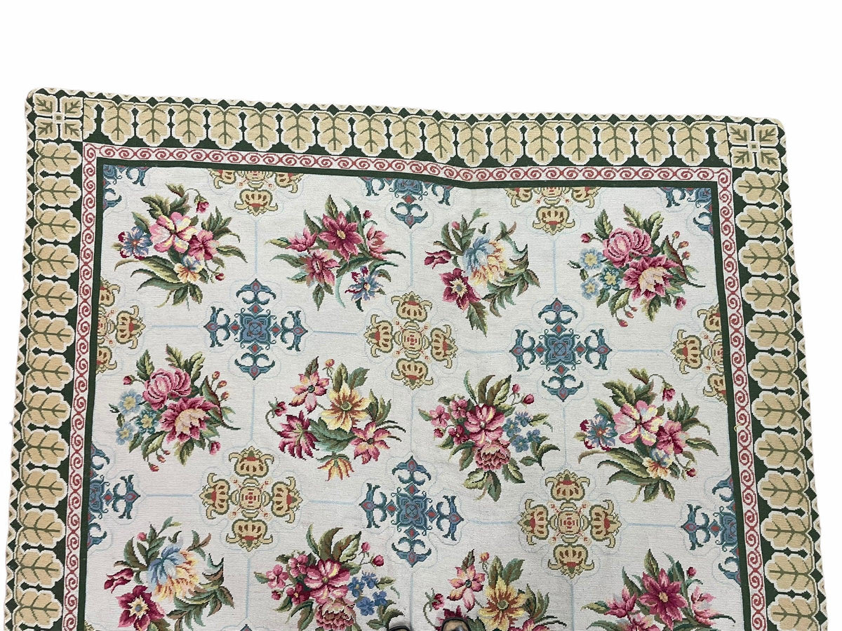 Hand-Knotted Needlepoint Carpet 6x9, Ivory/Cream Background, Colorful Flowers, Yellow Border, Aubusson Rug 6 x 9, New, Handmade - Jewel Rugs, view 6
