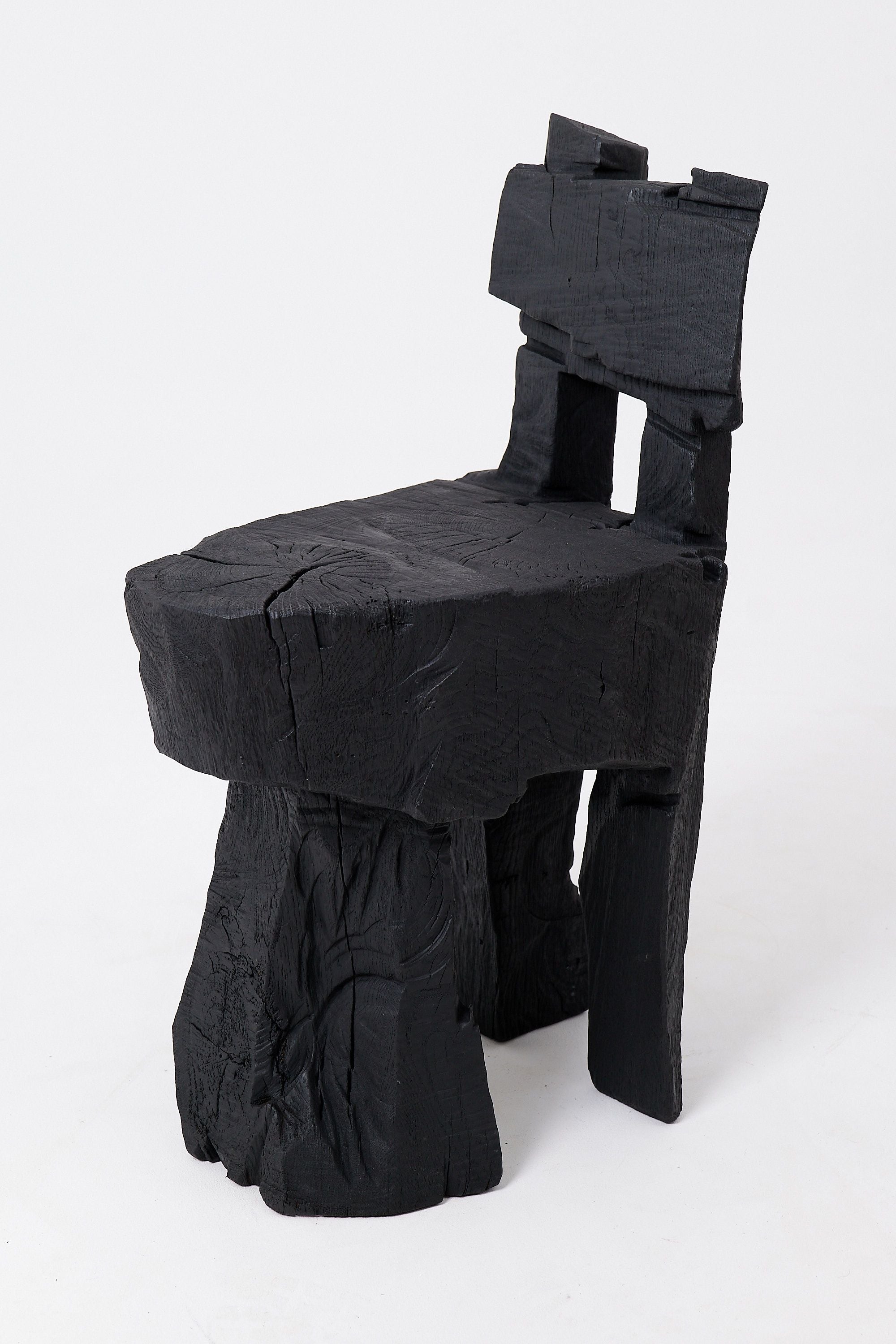 Brutalist Sculptural Stool, Carved, Solid Wood, Oak, Black, Rustic