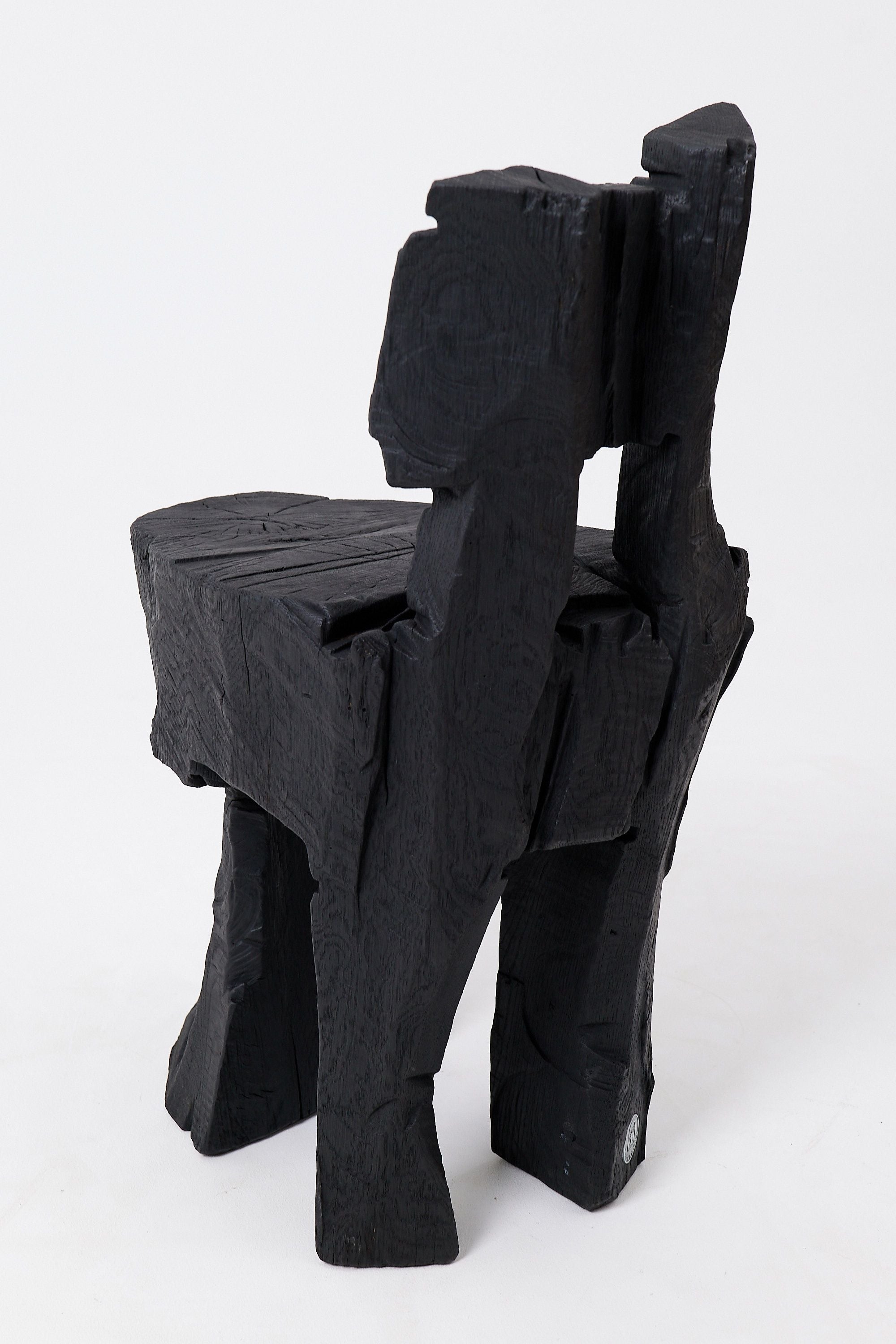 Brutalist Sculptural Stool, Carved, Solid Wood, Oak, Black, Rustic - image 4