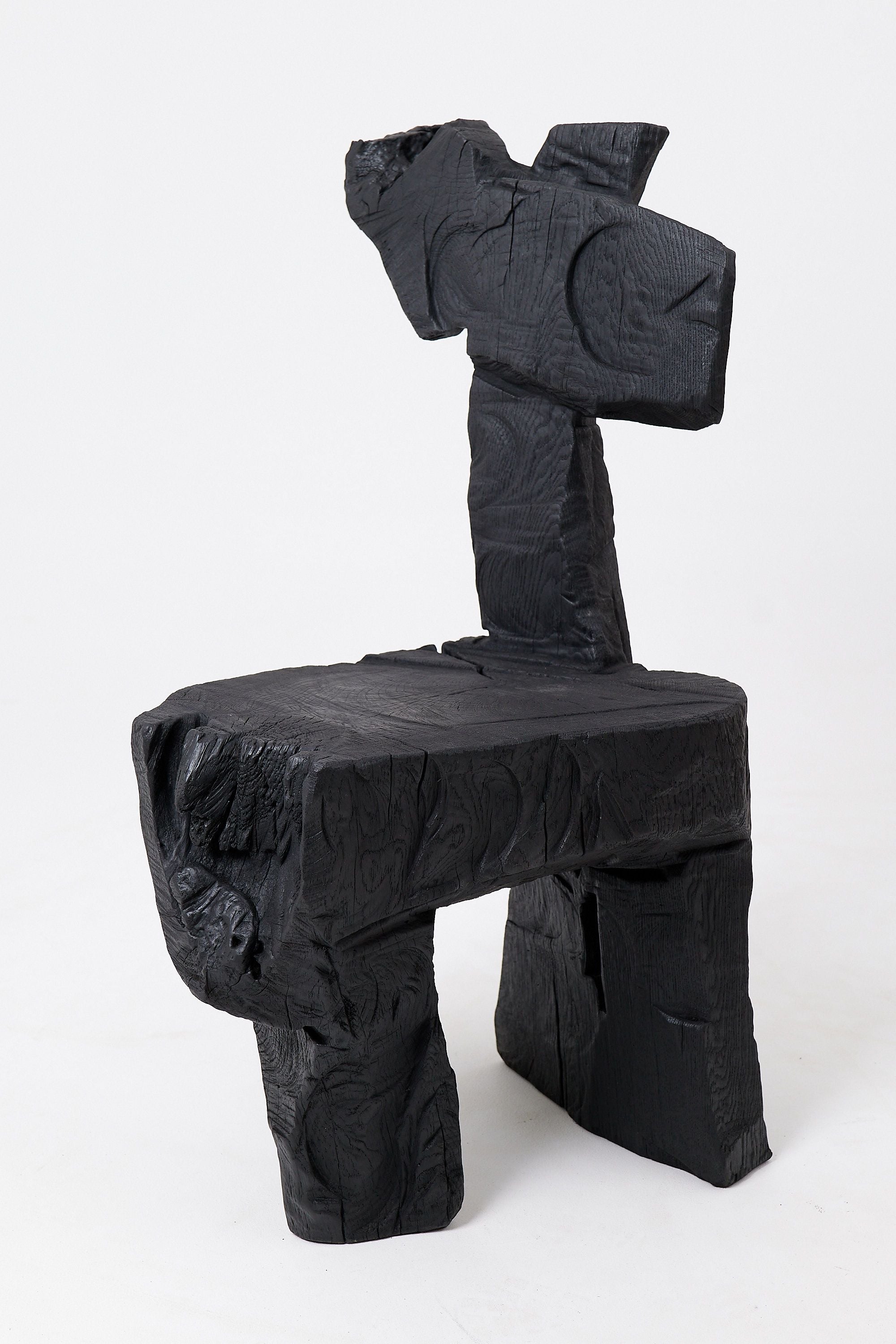 Brutalist Sculptural Chair, Carved, Solid Wood, Oak, Black, Rustic - image 2