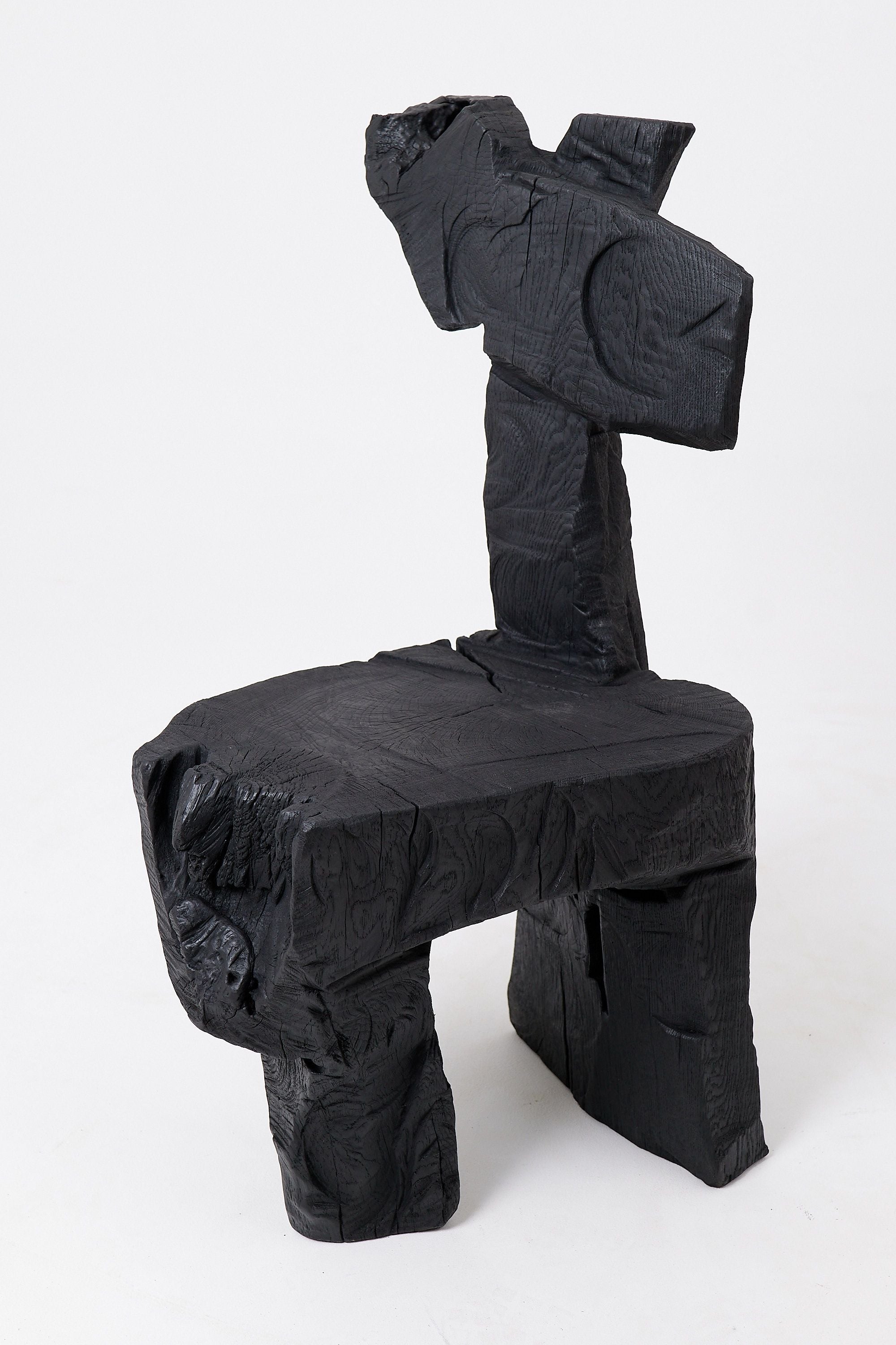 Brutalist Sculptural Chair, Carved, Solid Wood, Oak, Black, Rustic