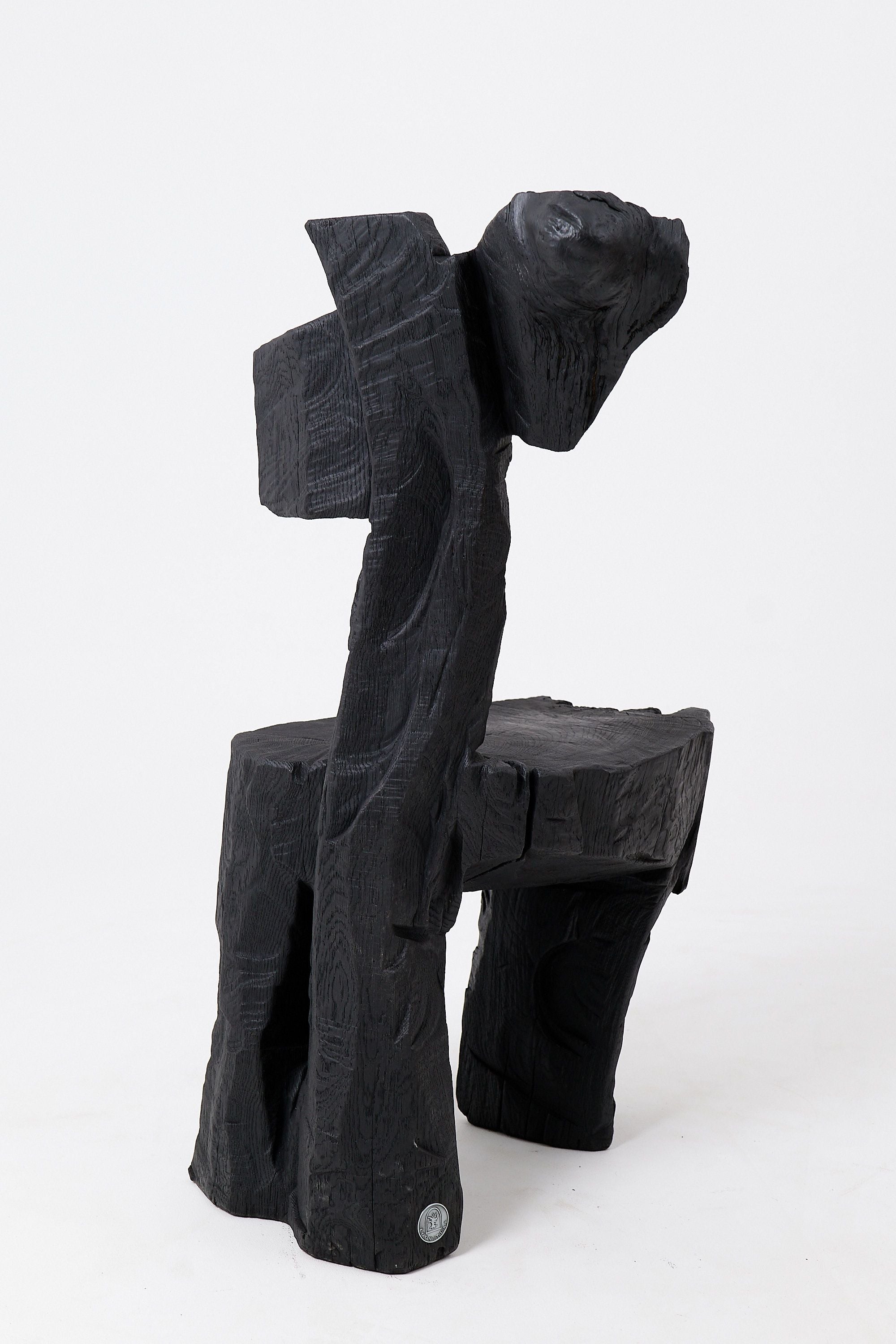 Brutalist Sculptural Chair, Carved, Solid Wood, Oak, Black, Rustic - image 7