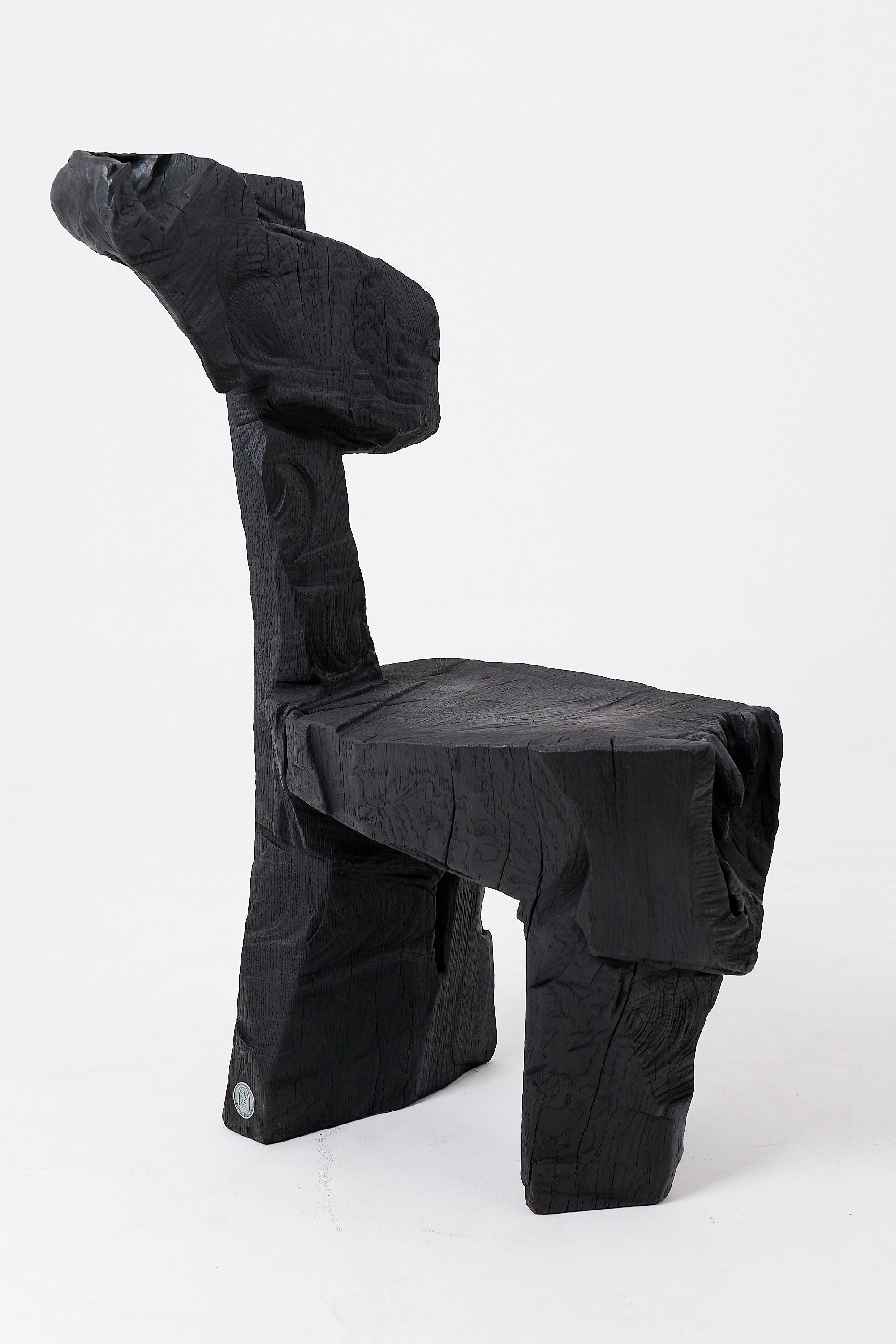 Brutalist Sculptural Chair, Carved, Solid Wood, Oak, Black, Rustic - image 10