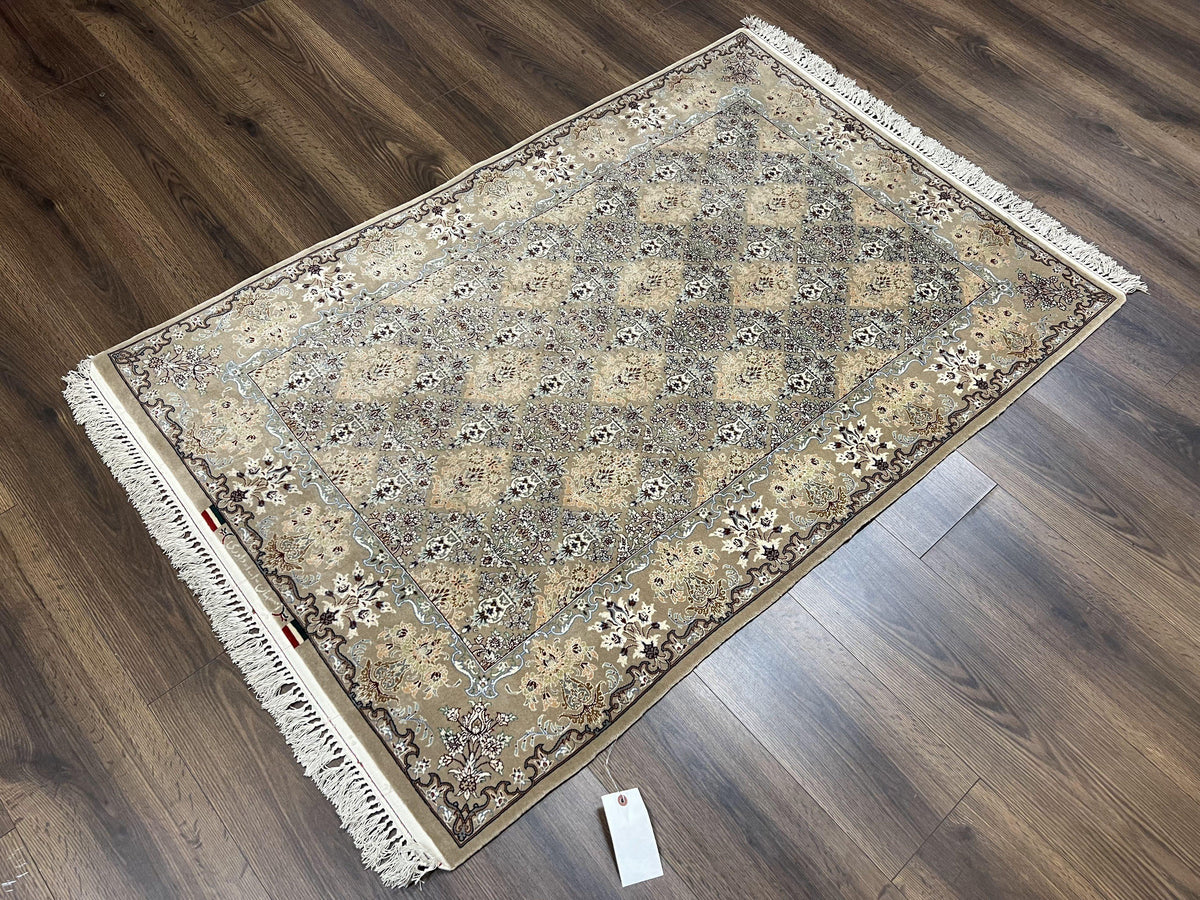 Super Fine Persian Isfahan Rug 3x5 ft, Kork Wool on Silk Foundation, Repeated Floral Motif, Taupe Tan Hand Knotted Oriental Carpet 3 x 5 ft, Signed - Jewel Rugs, view 3