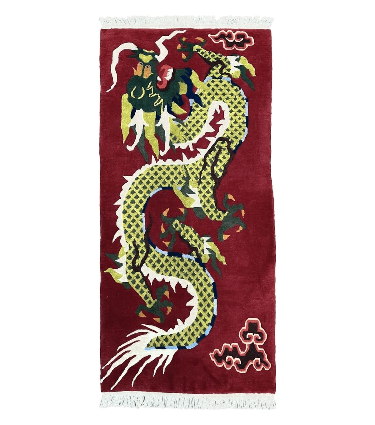 Vintage Chinese Dragon Rug 3 x 6.8, Handmade Hand Knotted Red Chinese Carpet with Gold Dragon, Art Deco Peking Soft Chinese Rug Runner - Jewel Rugs