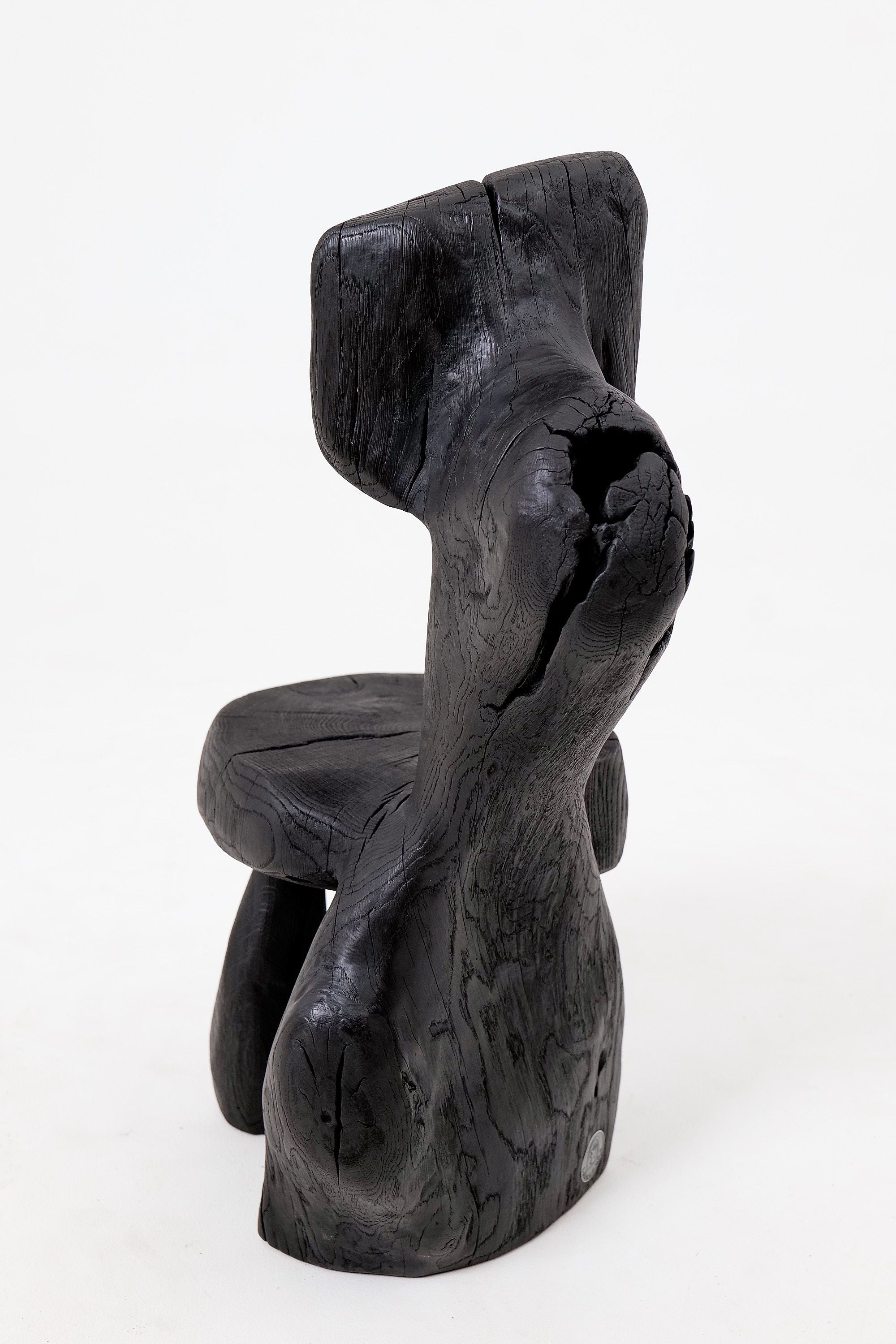 Brutalist Sculptural Chair, Carved, Solid Wood, Oak, Black, Rustic - image 6