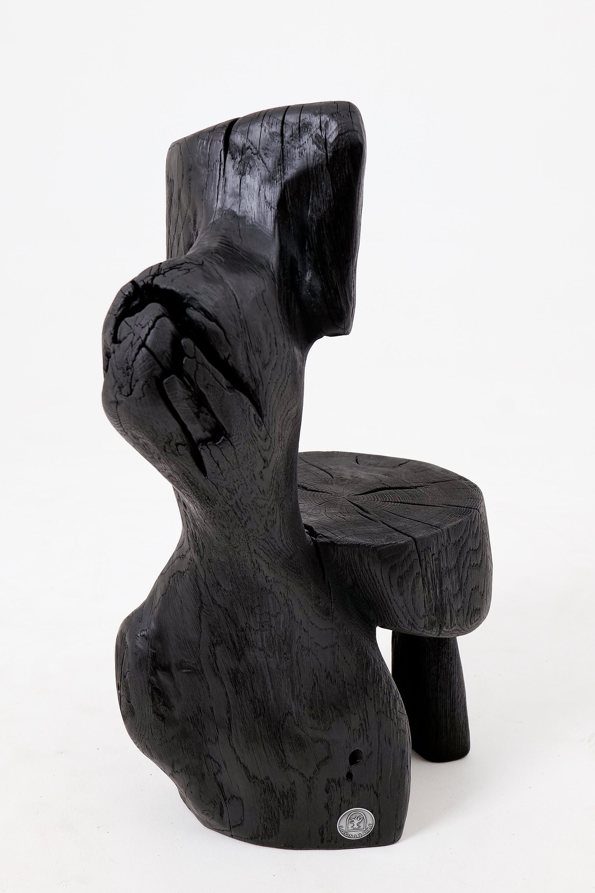 Brutalist Sculptural Chair, Carved, Solid Wood, Oak, Black, Rustic - image 7