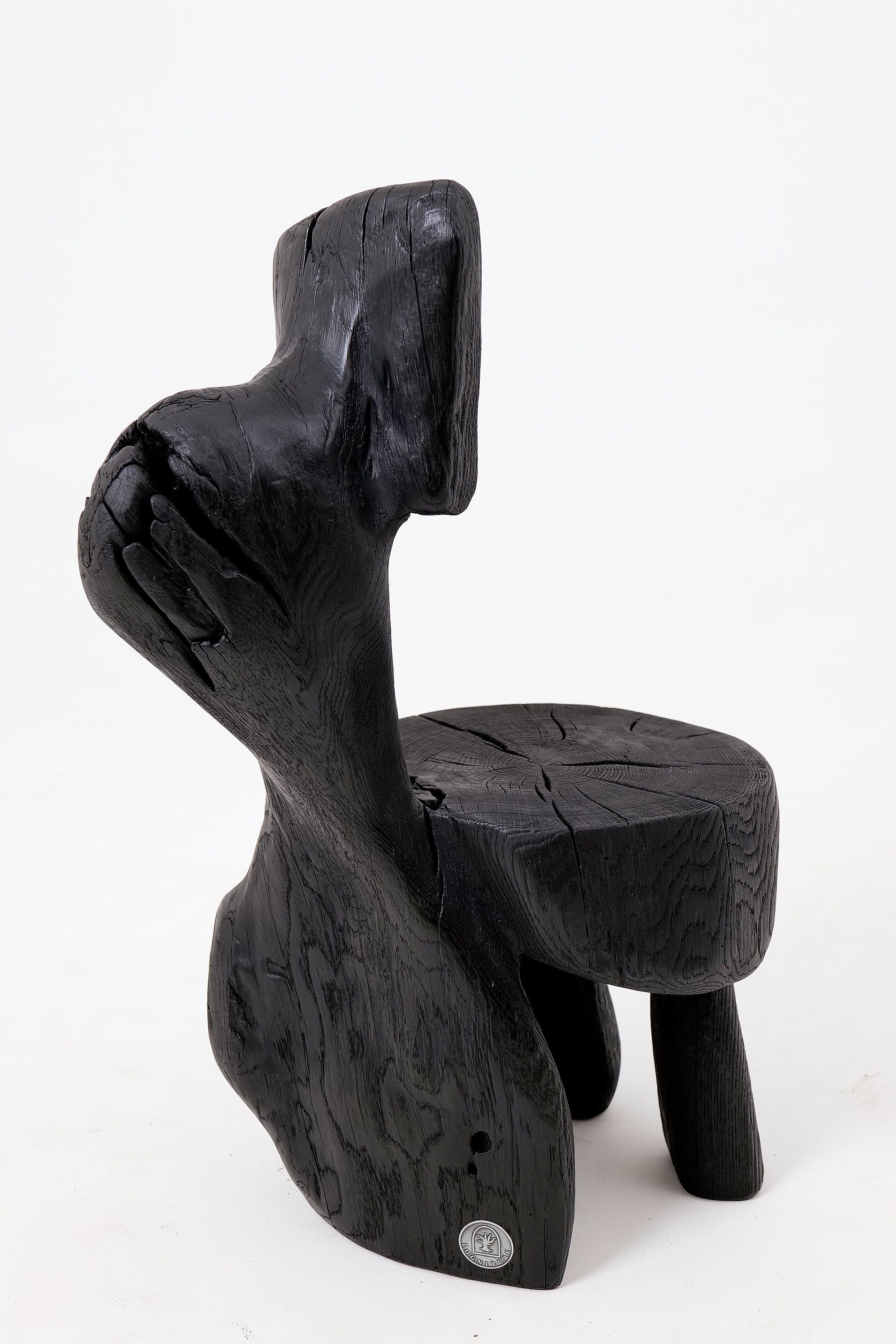 Brutalist Sculptural Chair, Carved, Solid Wood, Oak, Black, Rustic - image 9
