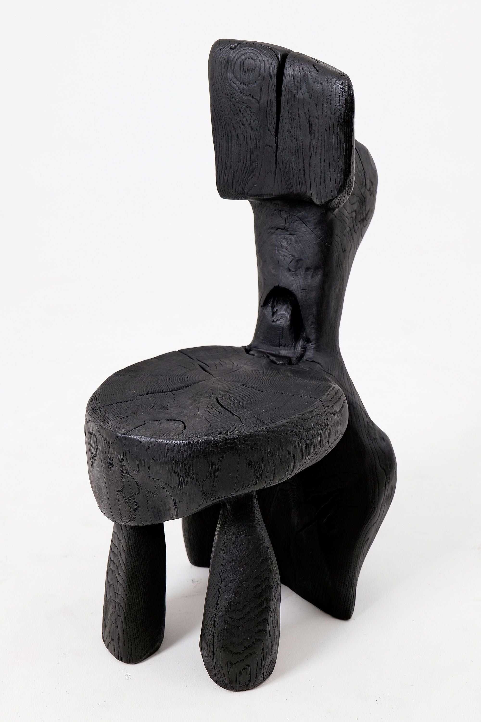 Brutalist Sculptural Chair, Carved, Solid Wood, Oak, Black, Rustic - image 3