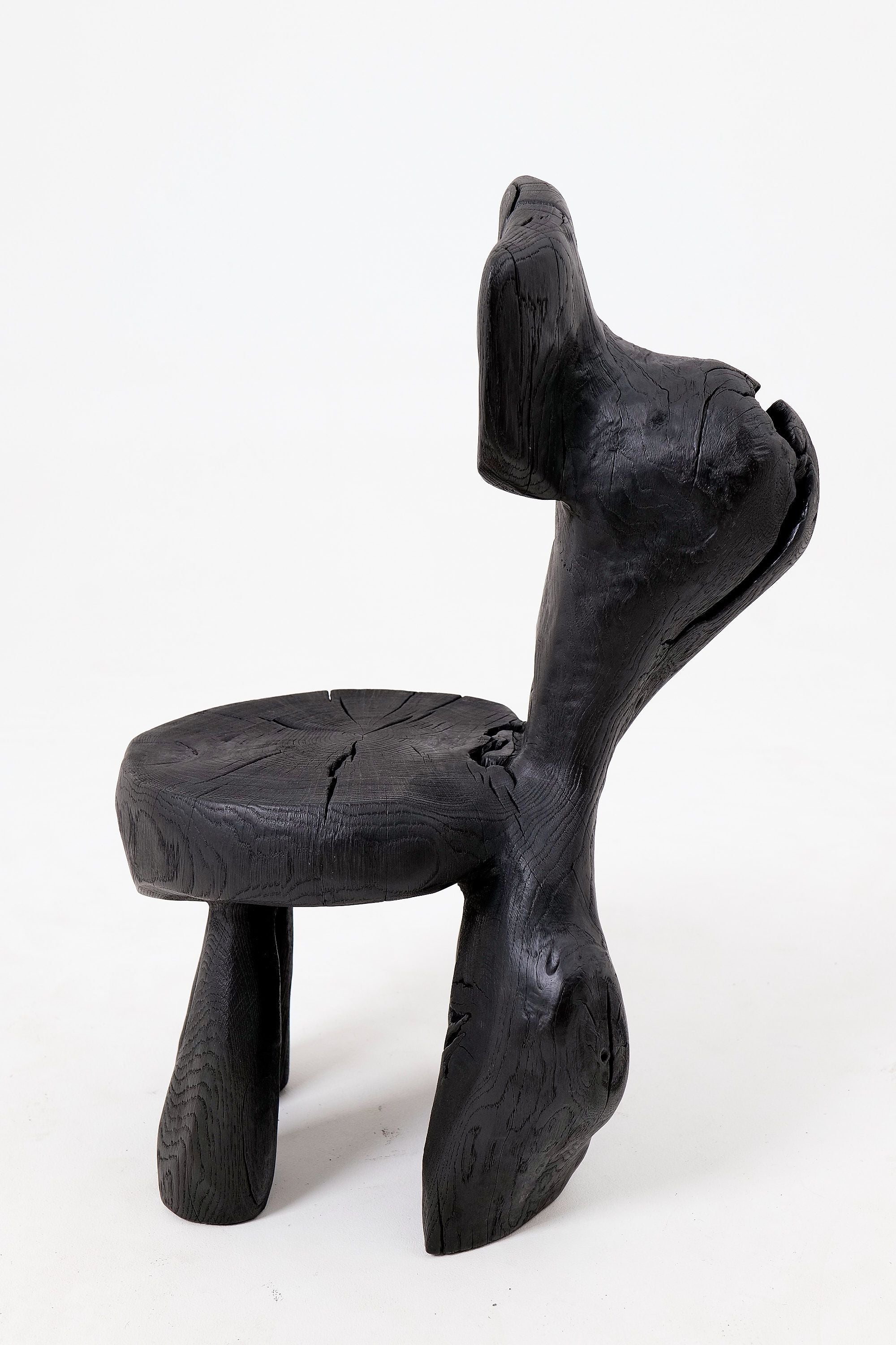 Brutalist Sculptural Chair, Carved, Solid Wood, Oak, Black, Rustic - image 5