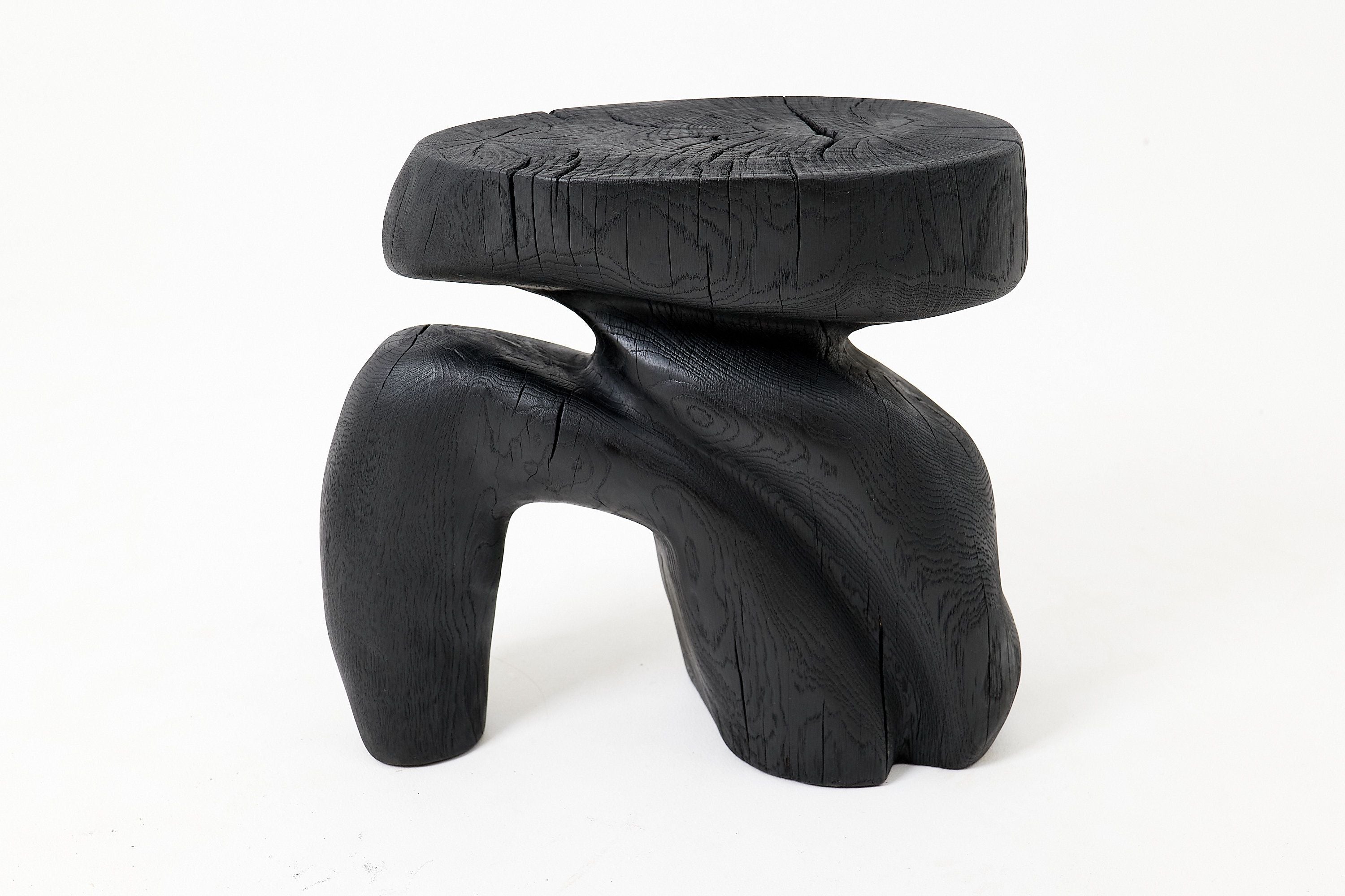 Sculptural Hardwood Stool, Side Table, Charred Wood, Hand-Carved - image 2
