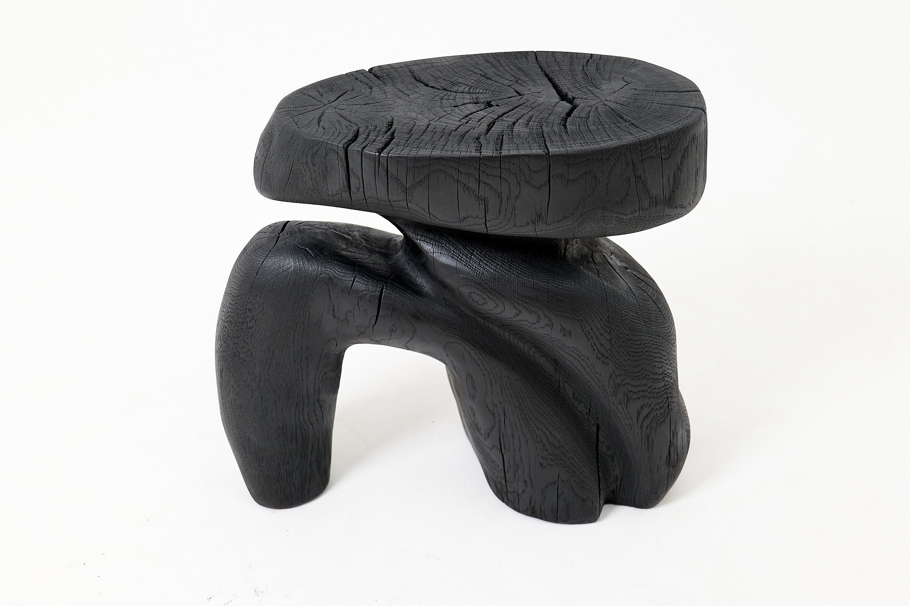 Sculptural Hardwood Stool, Side Table, Charred Wood, Hand-Carved - image 3