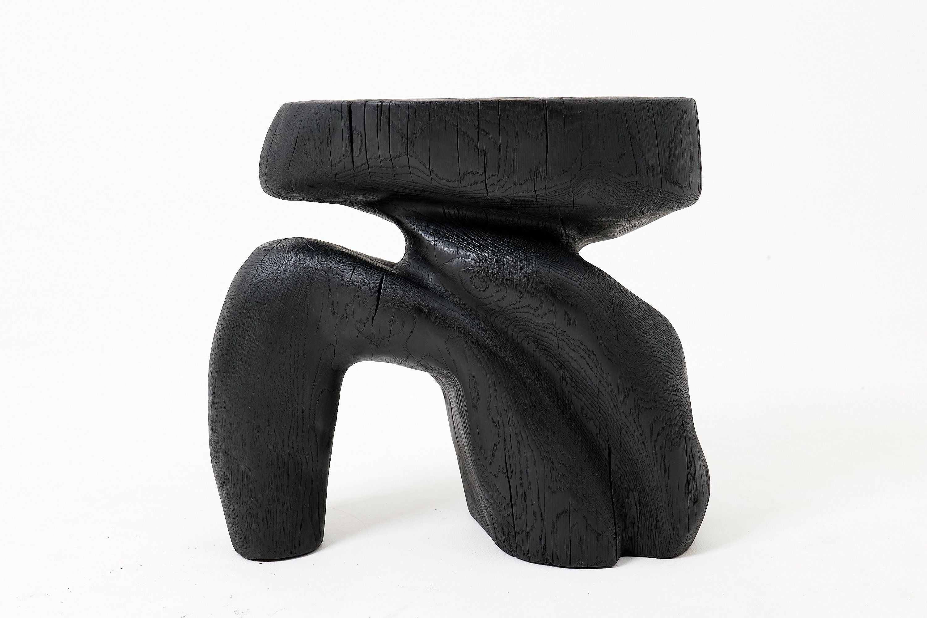 Sculptural Hardwood Stool, Side Table, Charred Wood, Hand-Carved - image 4
