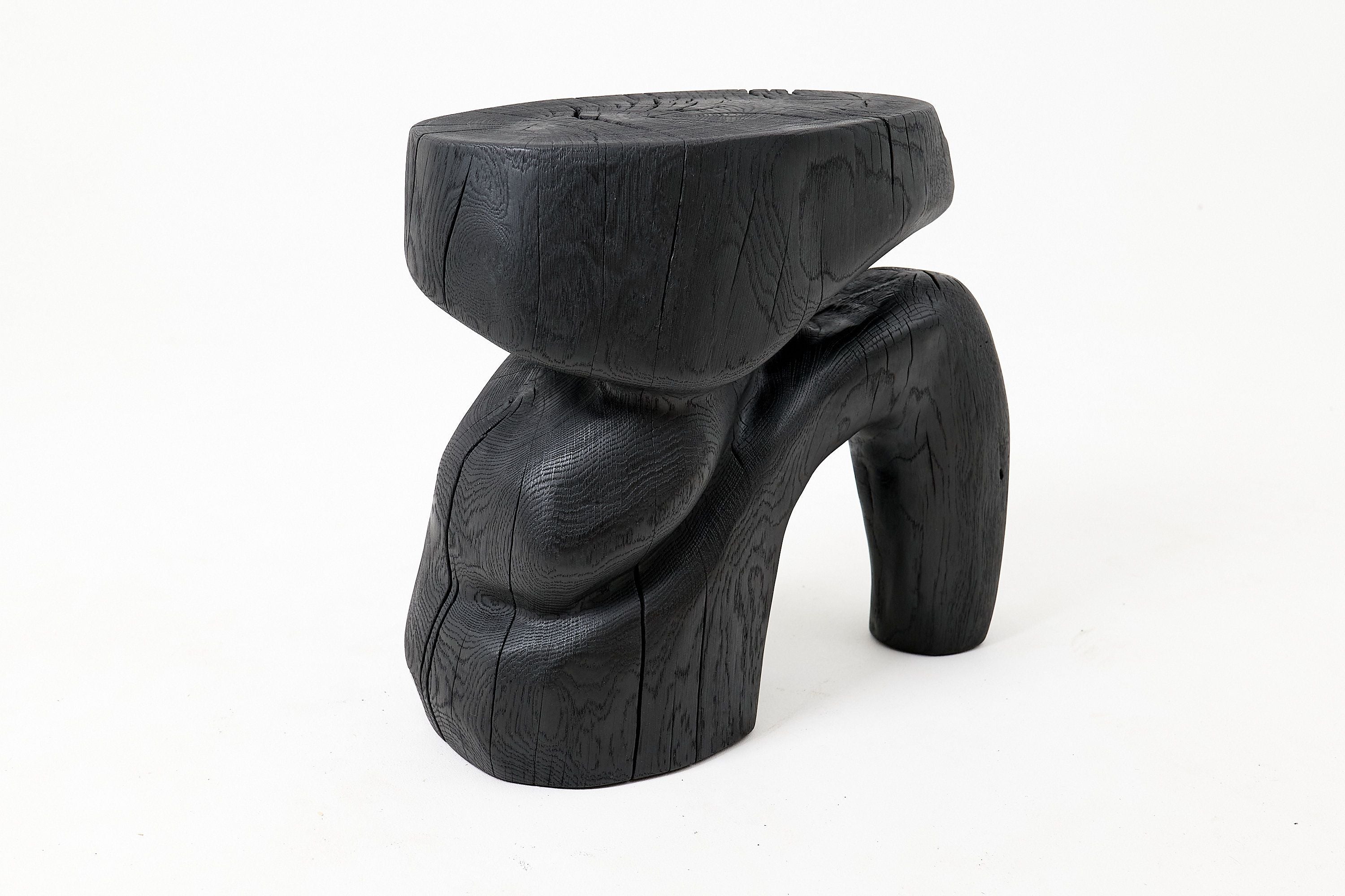 Sculptural Hardwood Stool, Side Table, Charred Wood, Hand-Carved - image 9