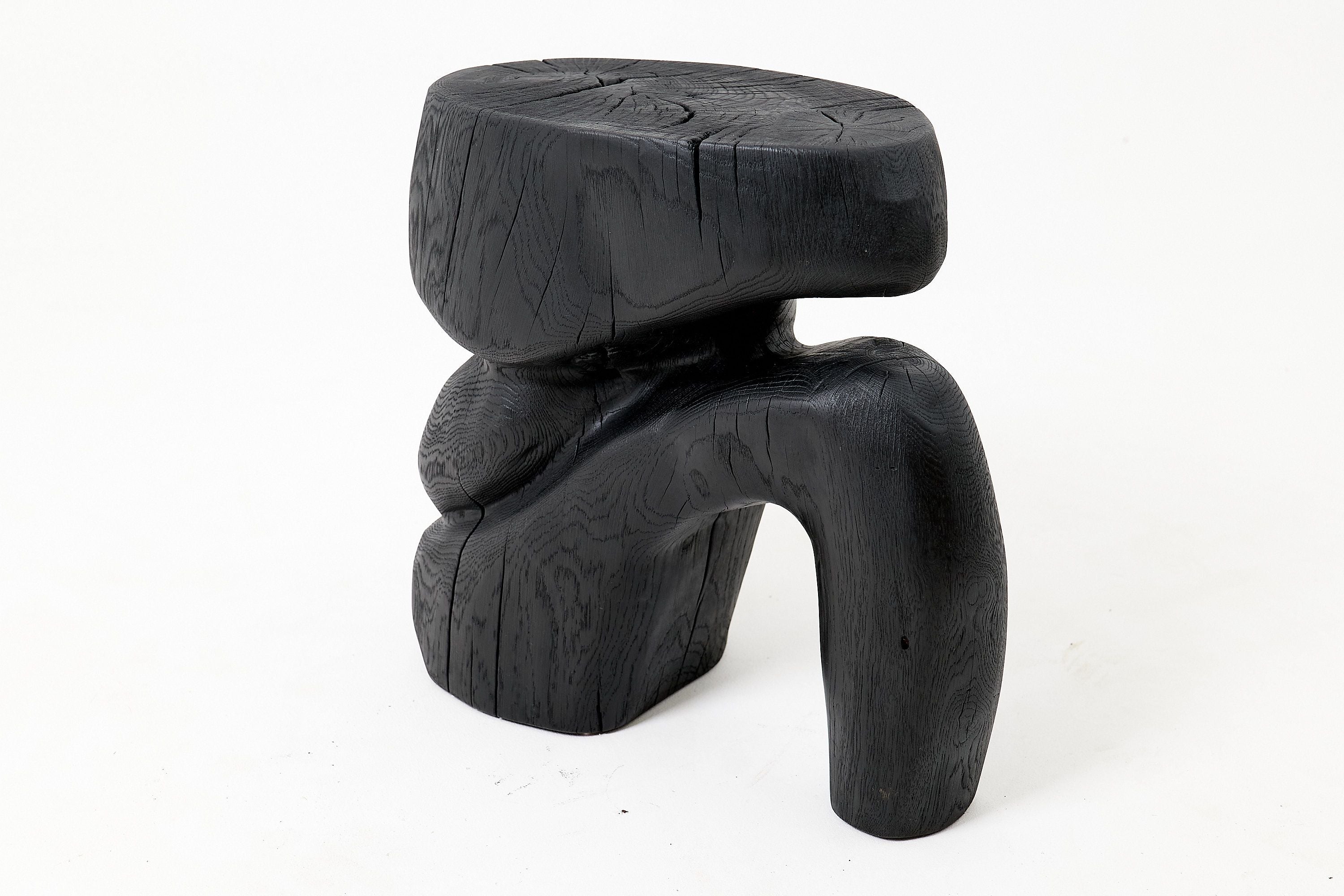 Sculptural Hardwood Stool, Side Table, Charred Wood, Hand-Carved - image 11