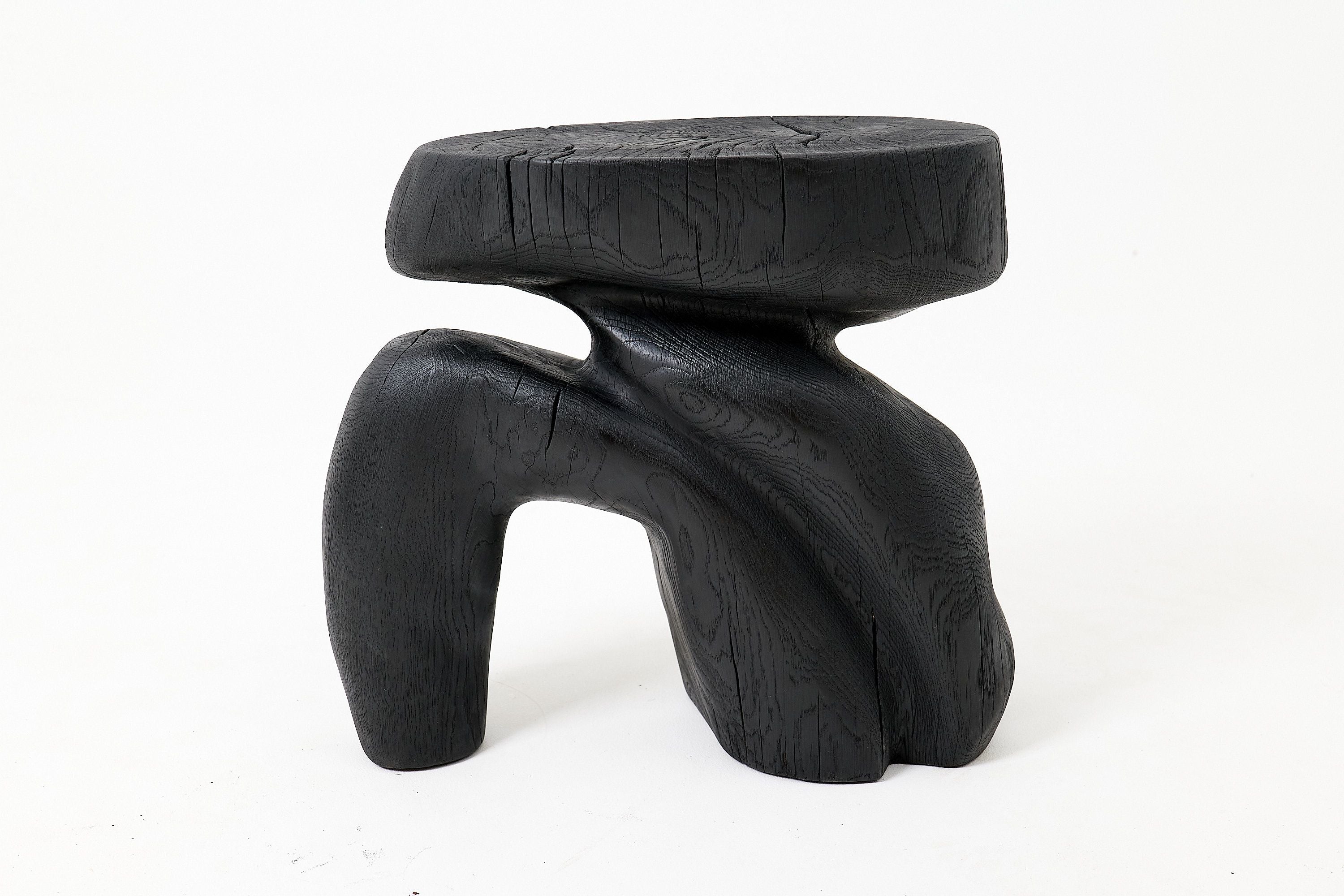 Sculptural Hardwood Stool, Side Table, Charred Wood, Hand-Carved