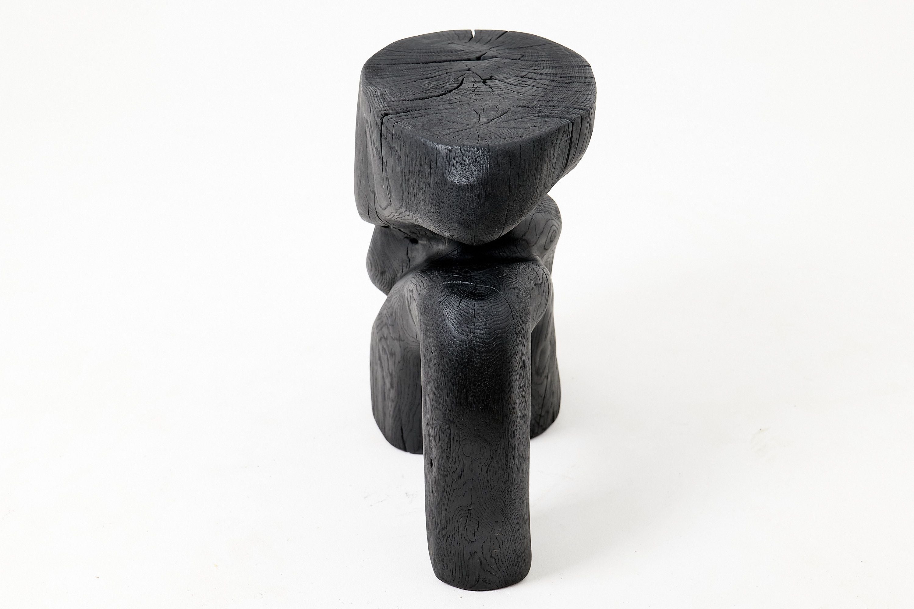 Sculptural Hardwood Stool, Side Table, Charred Wood, Hand-Carved - image 13