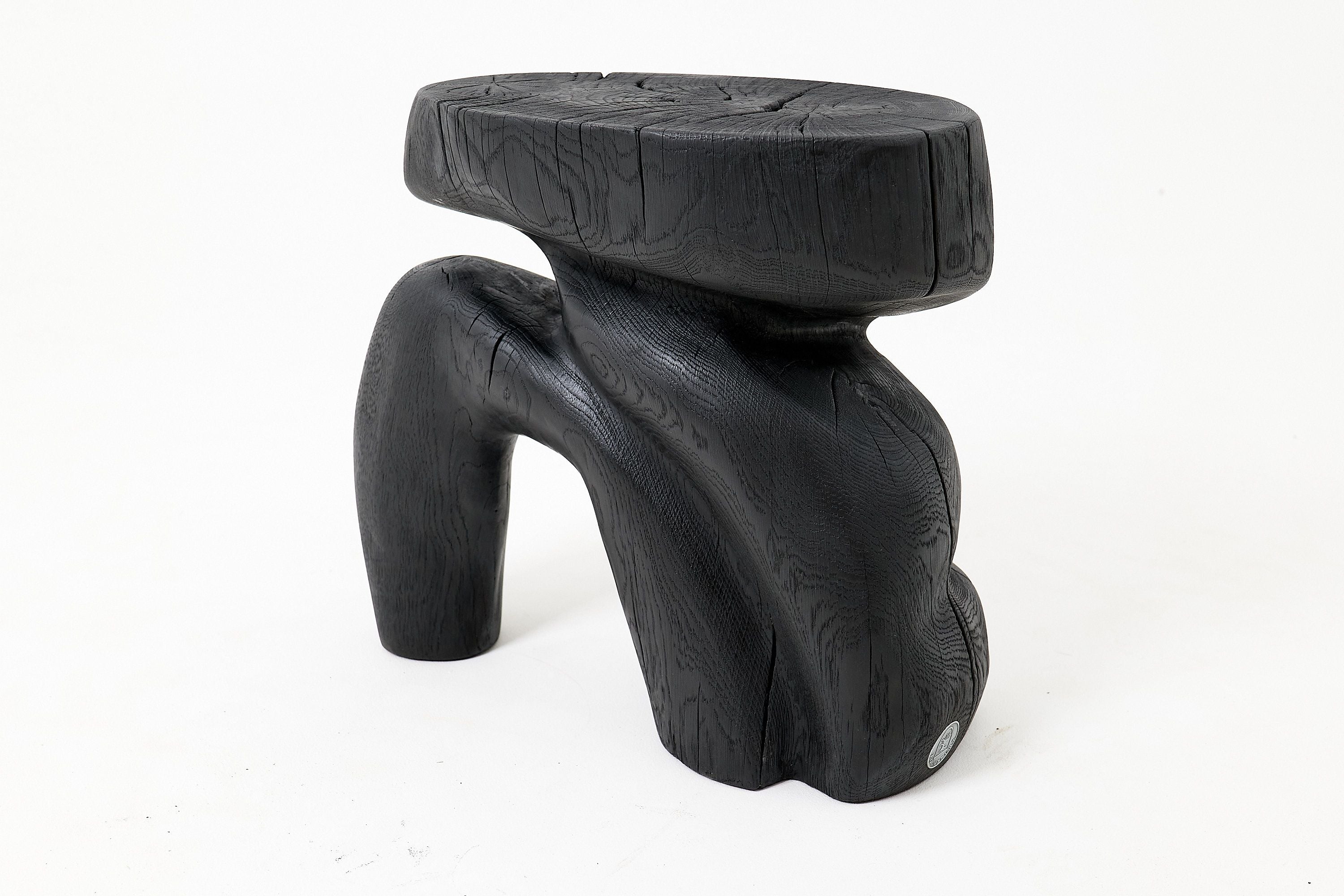 Sculptural Hardwood Stool, Side Table, Charred Wood, Hand-Carved - image 6