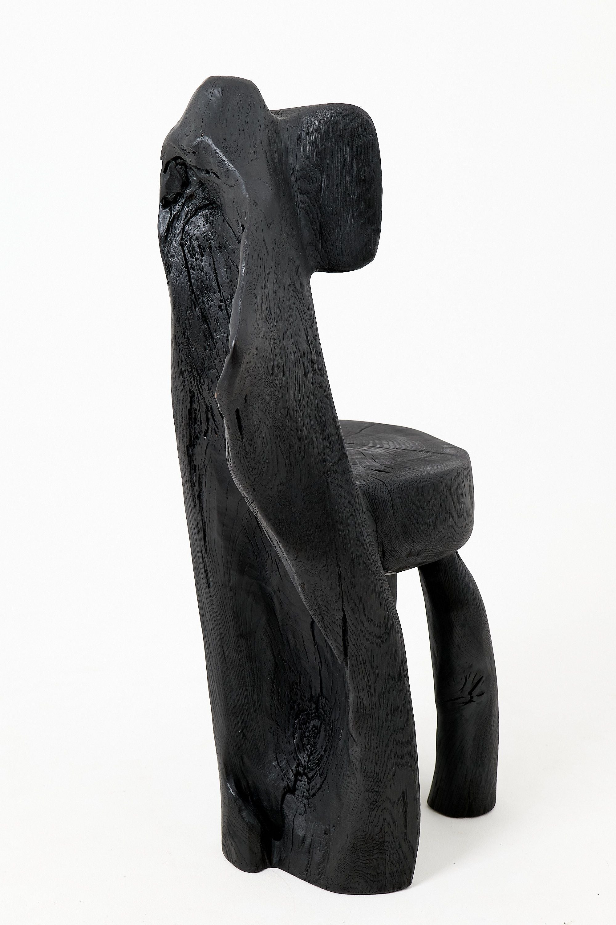 Brutalist Sculptural Chair, Carved, Solid Wood, Oak, Black, Rustic - image 9