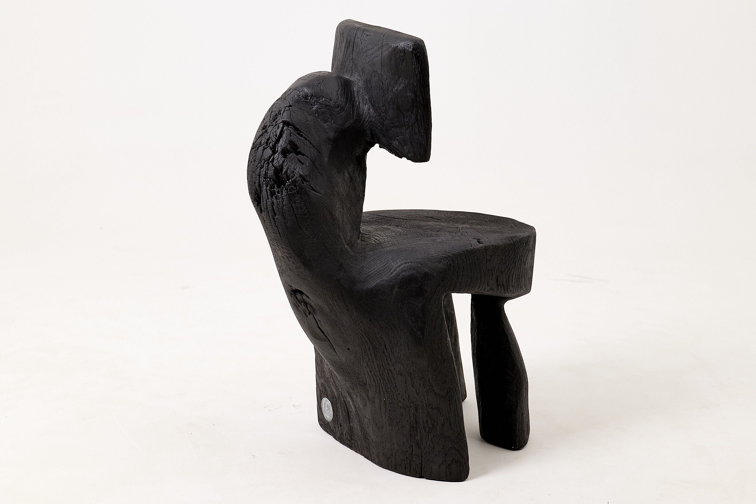 Brutalist Sculptural Chair, Carved, Solid Wood, Oak, Black, Rustic - image 11