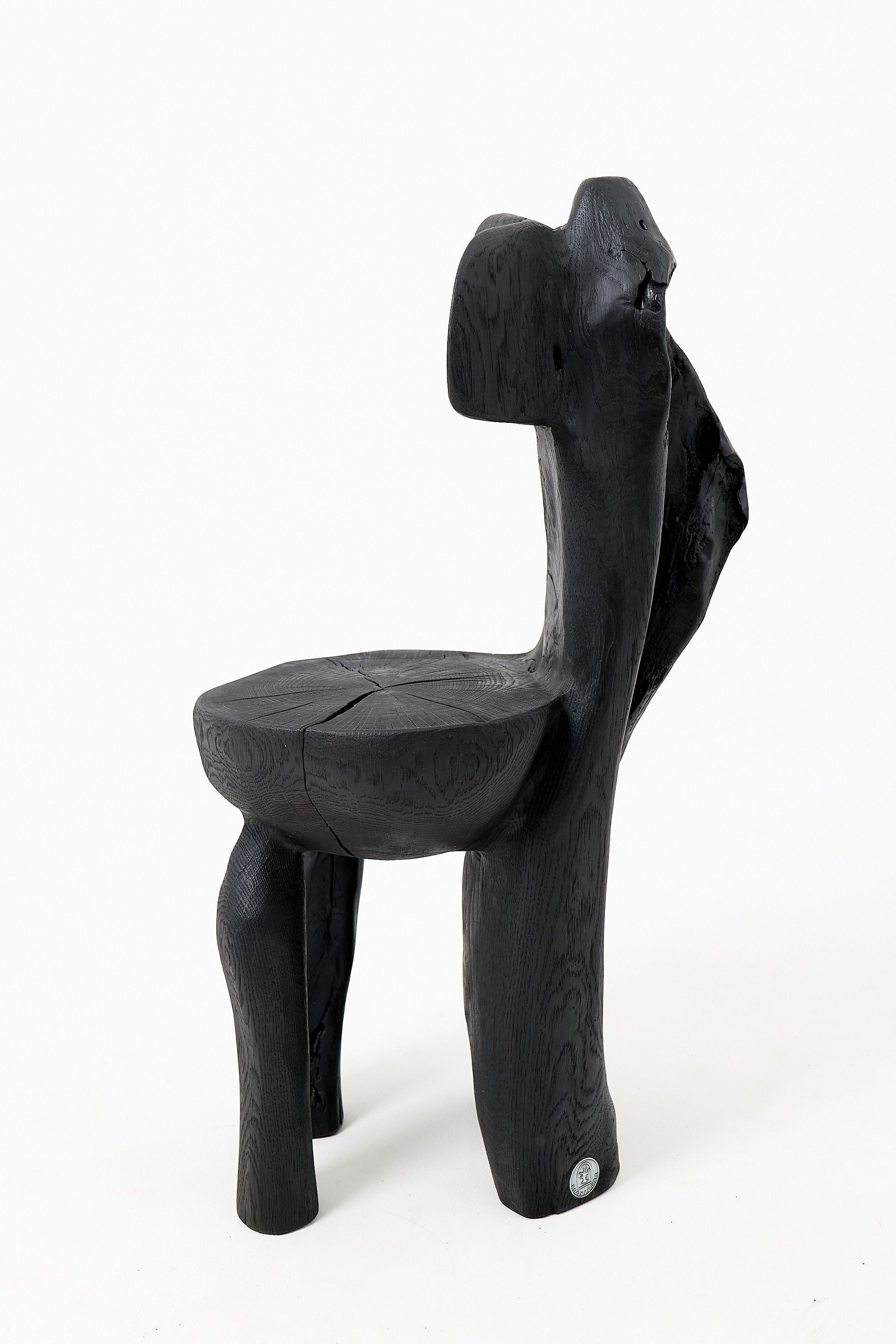 Brutalist Sculptural Chair, Carved, Solid Wood, Oak, Black, Rustic - image 3
