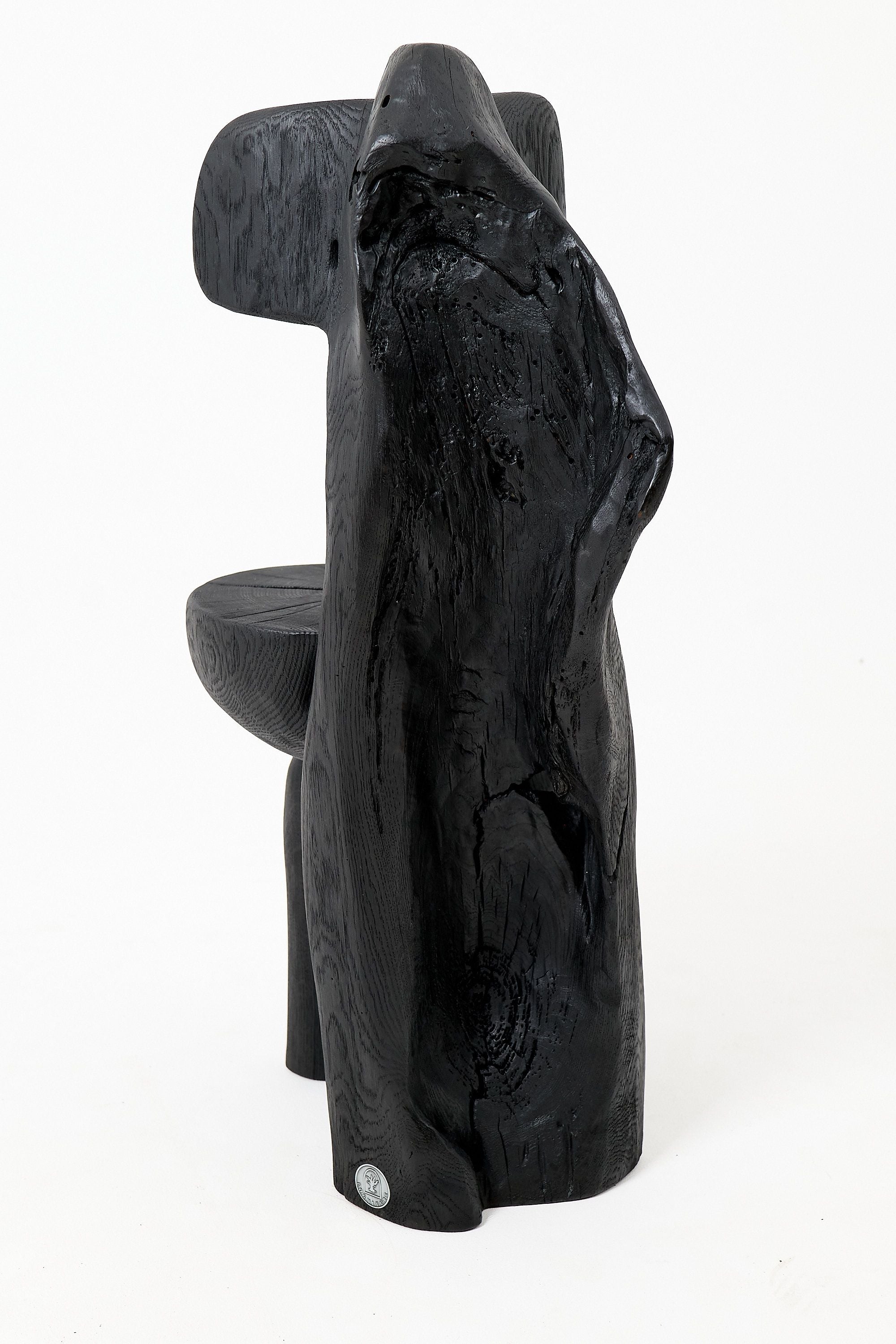Brutalist Sculptural Chair, Carved, Solid Wood, Oak, Black, Rustic - image 7